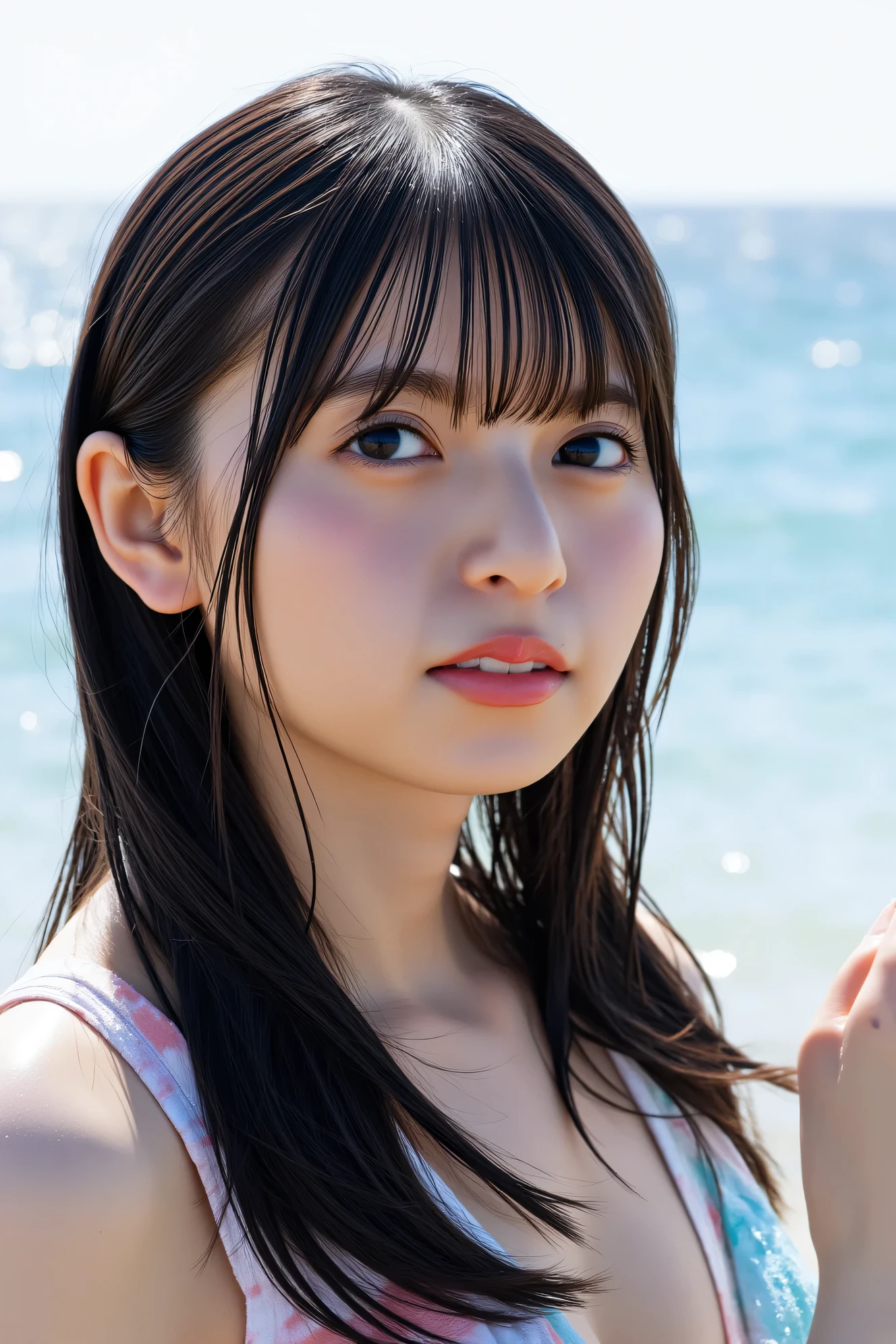 20-year-old、Cute Japanese Woman、barefoot、(((Extremely precise and accurate anatomical depiction)))、Realisticな写真のような描写 (photo Realistic:1.4)、Hyper-realistic detail (hyper Realistic:1.4)、Highest qualityのRealisticな肌の質感 (Highest qualityのRealisticな肌の質感:1.4)、Enhances the beauty of skin texture (Enhances the beauty of skin texture:1.1)、Clean and glowing skin、Realisticなライティング (Realistic:1.3)、Smoother lighting (Smoother lighting:1.05)、Cinema Lighting Quality (Improving the quality of cinema lighting:0.9)、Backlighting and gentle face lighting、レイトレーシングとBright light (Bright light:1.2)、32K resolution、Fine grain and detailed face (Film Grain:1.1)、Accentuates body lines (Accentuates body lines:1.1)、Natural look and natural background、Kind and beautiful eyes、Improves hair quality、Fine hair texture、Delicate light and shadow、Transparent muscles、Graceful pose、Sharp details and soft light reflections、Beautiful contours and subtle skin toneasterpiece), (Highest quality), (Very detailed),(Disheveled Hair),(shape), (One Girl), (Summer clothes), Are standing, Fashion Model, View your audience, (interview), (Beach),Beautiful details, Delicate and beautiful face, floating,(High saturation),(Colorful splashes),Colorful bubbles,(The Shining), Focus on the face, Hair Ring, Floating Flowers, Floating Hair, (The Shining), Best lighting, Best Shadow,