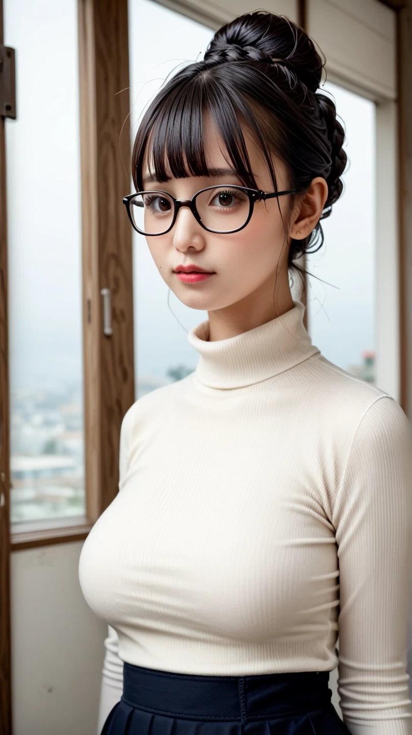 Tanned naked petite and thin limbs Cross your arms behind your head Sweaty body Her hair is black with her bangs down Shortcuts Her hair is very disheveled Her face is small and crying Her eyes are very stern Black-rimmed glasses White dripping from her mouth The breasts are very small The belly is a little fat