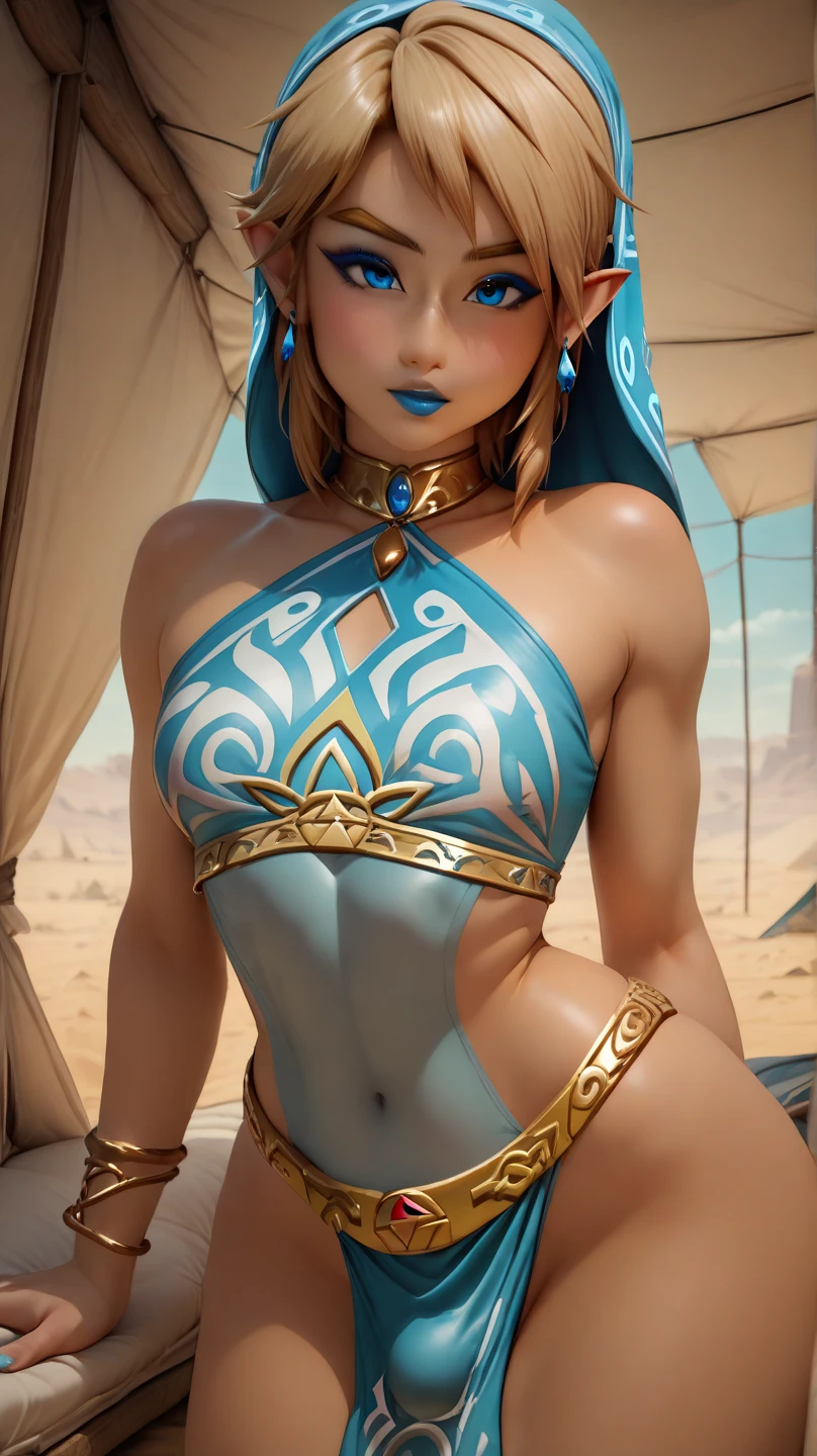 ((work of art)), ((best qualityer)), (detailded), perfect, standing alone, link, beautiful boy, Delicious lips, hair blonde, sexly, wearing Gerudo bikini set. on his back looking back.
