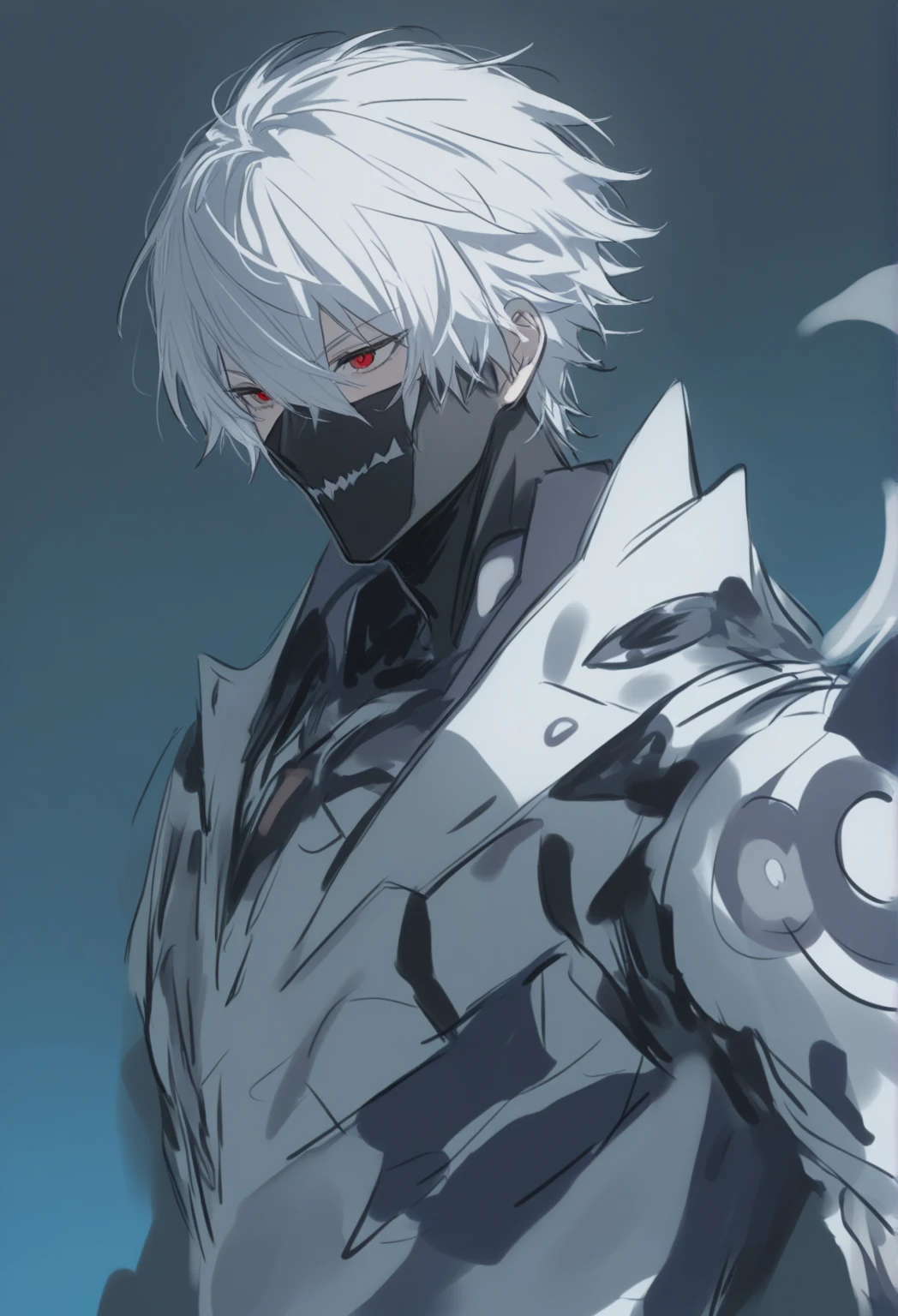 Obra de arte, alta qualidade,, Male character wearing a futuristic mouth mask , messy white hair, at the center of the universe breaking time-space, rachadura de vidro na imagem.