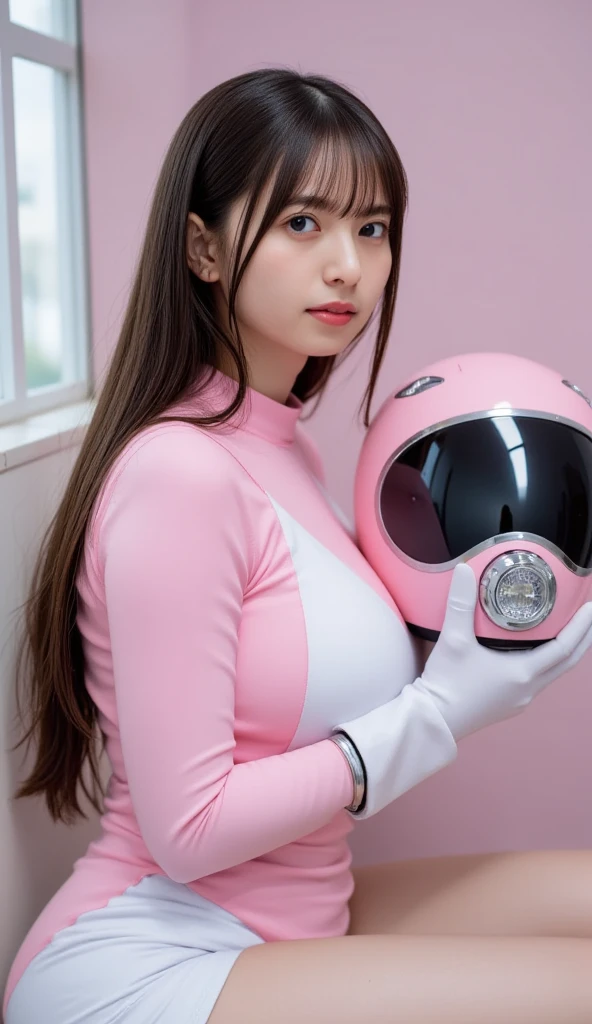 pink power range lemele、realistic, shiny dark pink and white suit、Power Rangers Bodysuit、professional photos、don't expose your skin, japanese model、thick body, laughter、big breasts、black hair、inside the car、While driving、sweaty face、wet hair