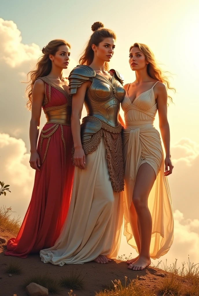 Beautiful Goddess Sisters, whole body, A German goddess dressed in a costume based on the German flag, A French goddess dressed in a costume based on the French flag, Italian goddess dressed in Italian-inspired costume