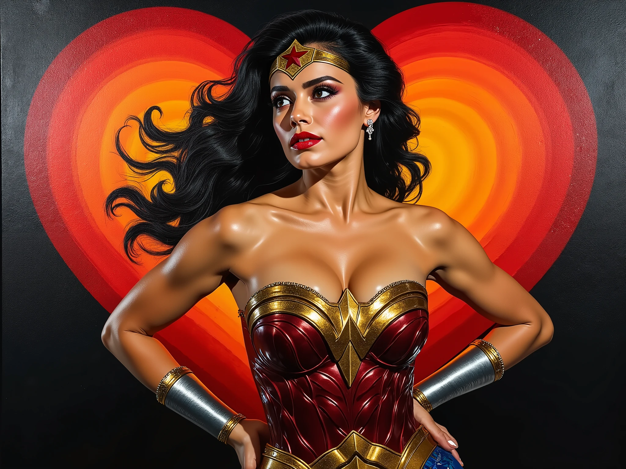 Mosaic painting black to red color heart gradient background, oil painting with visible impressionistic strokes of wonder woman,