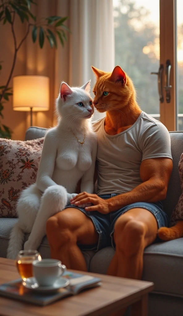 In a stylishly decorated living room, Max a white handsome muscular male cat wearing shorts only upper body bare and Rex a white stylish female cat wearing nighty are cuddling on a plush couch, talking and laughing. In the background, Boxy, a muscular grey cat in a dark suit, stands slightly in the shadows, his eyes filled with jealousy as he watches them. The atmosphere is tense as Boxy hides his true feelings.