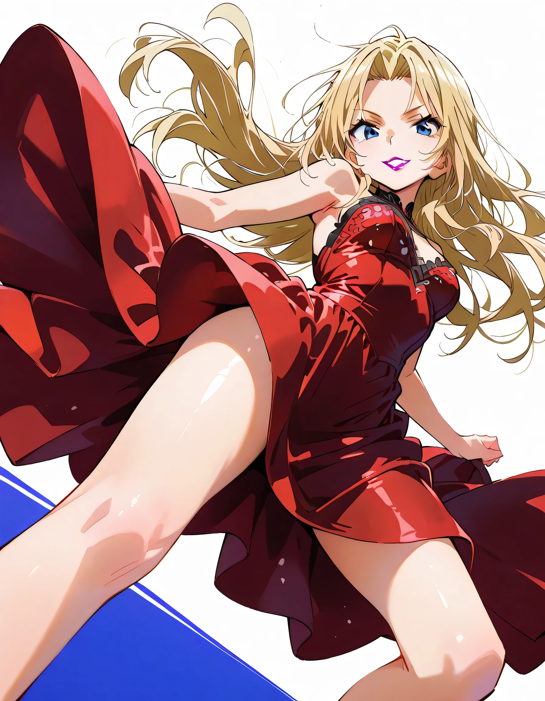 (aika_sunigami:1.5), agent aika, brown_hair, blue eyes, earrings, folded_ponytail, (masterpiece:1.3), (absurdres:1.3), (best quality:1.3), (ultra-detailed:1.3),(best shadow:0.7), (handled hair), 1girl, solo, hmkm1, see-through, cleavage, jewelry, necklace, hair scrunchie, strap slip, cross-laced_dress,red dress, thigh strap, leaning forward, facing viewer, smile, grin, on bed, all_fours, BREAK bedroom, (night sky, darkness, red theme:1.2), <lora:Agent_Aika-15:1>