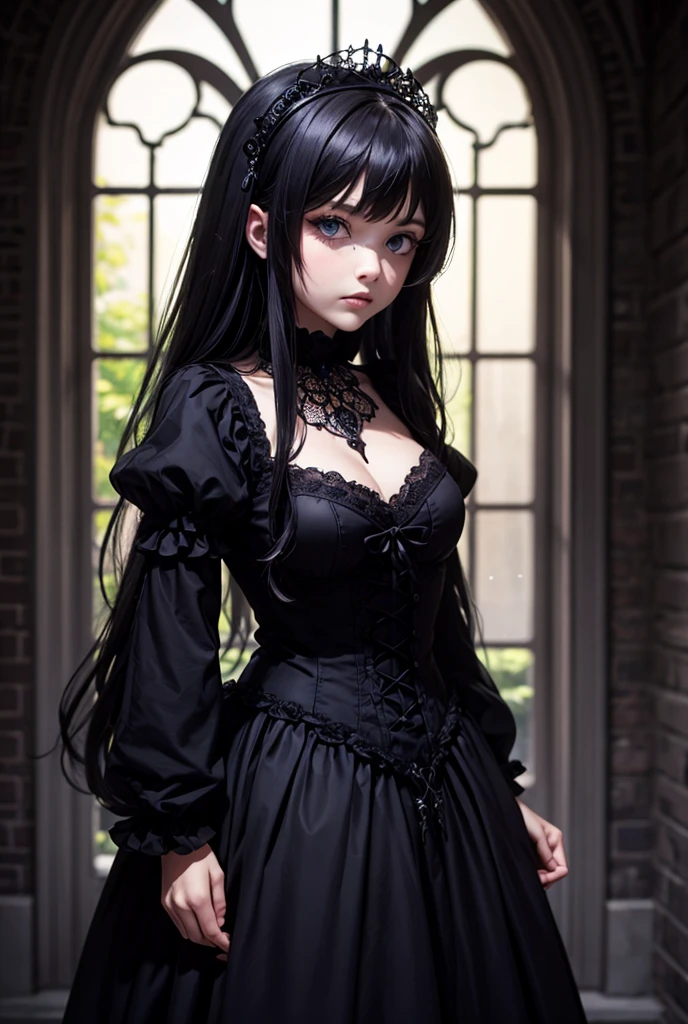 a 1 7 - year - old anime goth girl, pale goth beauty, she is wearing a black dress, black hair with bangs, wearing a gothic dress,