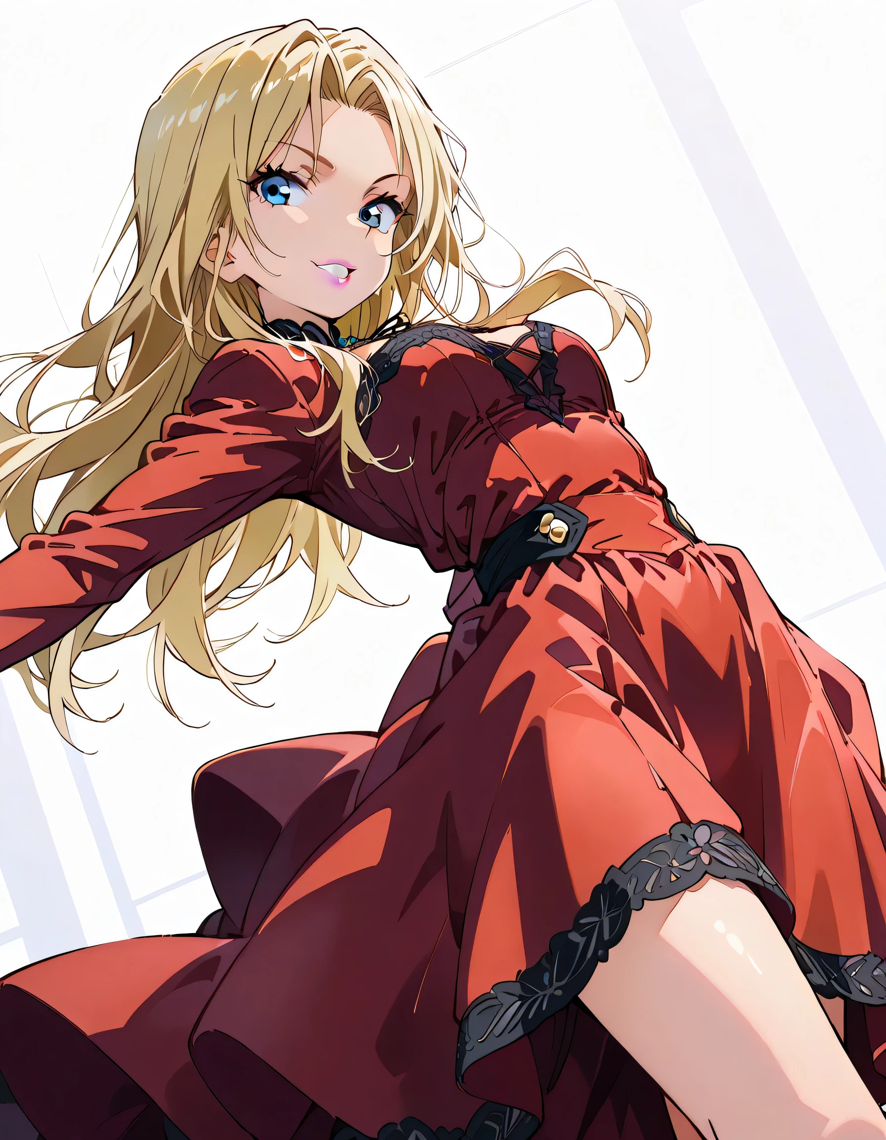 sideview,(dynamic angle,dynamic standing pose),looking at viewer:1.3,solo,Vermouth,long hair,blonde hair,natural cosmetic,purple full lips,lipstick,blue eyes,red dress,nice legs,grin,soft lineart,(white color background)