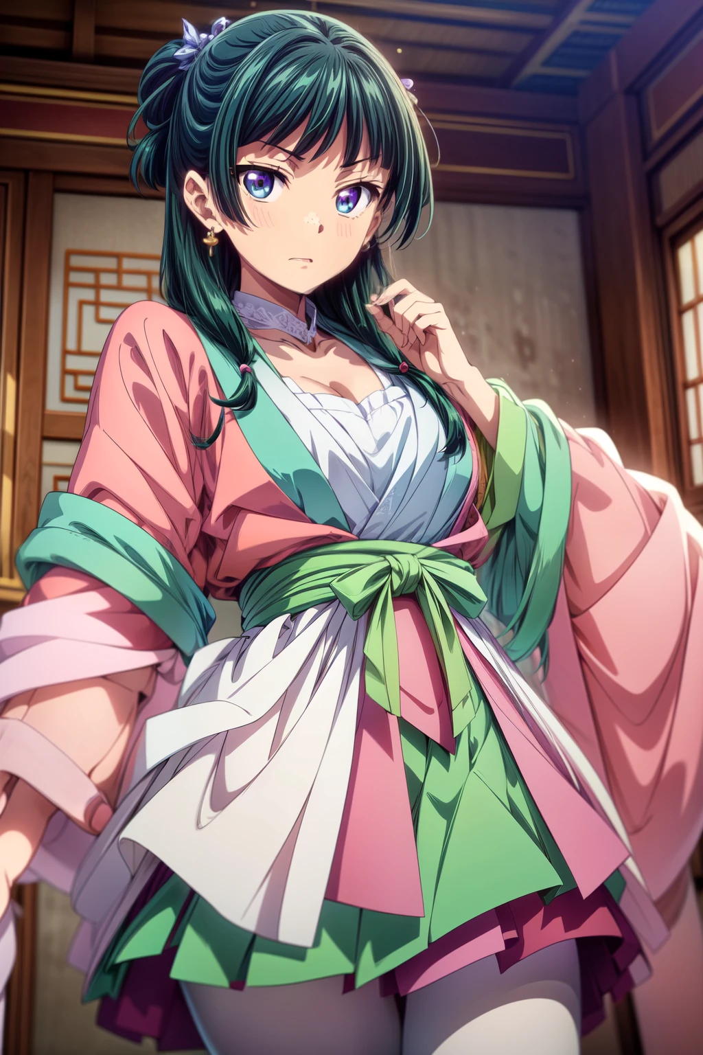 (Masterpiece, Ultra-high resolution, High Quality, Top quality, High-Detailed, Detailed CG, Cinematic Shadow, Cinematic Scene, Beautiful Detailed Eyes, Ultra Resolution, Depth of Field, High Resolution, Masterpiece: 1.2, Commission For High Res), Point Of View, Detailed Hair, (Green Hair:1.0), Detailed Eyes, Blue Eyes, Purple Eye, (Gradient Color eye: From Blue To Green And Purple Color), Cute Girl, Five Finger, Sparkling Eyes, Hair Accessory, Earrings, Hair ornament, Small breasts, Small Chest, Slim Body, Curvy, Slender, Cleavage, Thighs, Five Finger, (Expression: Angry), Anime Girl lifting up it's skirt, Revealing Panties, Revealing Pantyhose, Legwear, Panties Under Pantyhose, Chinese Architecture Background, (Maomao[Kusuriya No Hitorigoto] Fanart).