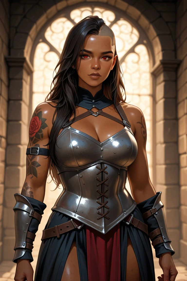 a female knight, wearing armored ((dress)), intricate, highly detailed, by michael garmash and Aleksi Briclot, brown dress, gold breastplate, gold crown, gold sword,( Aletta ocean face),