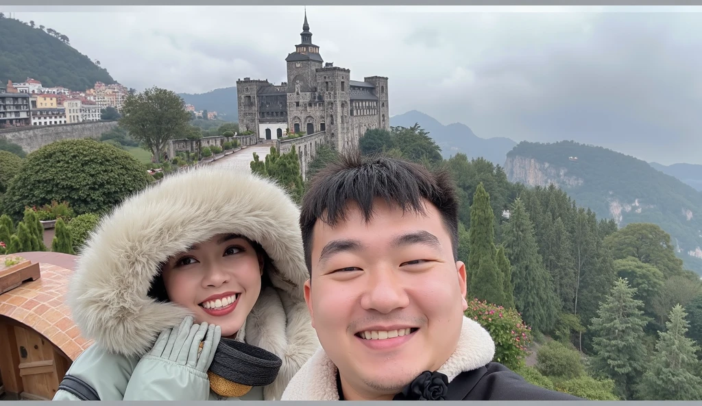 there are two people standing on a boat in the water, vacation photo, with mountains in the background, with mountains in background, lovely couple, with many travelers, island in the background, tourists in background, on a floating rock island, very very beautiful scenery, very beautiful scenery, mountains in the background, with mountains as background, low quality photo