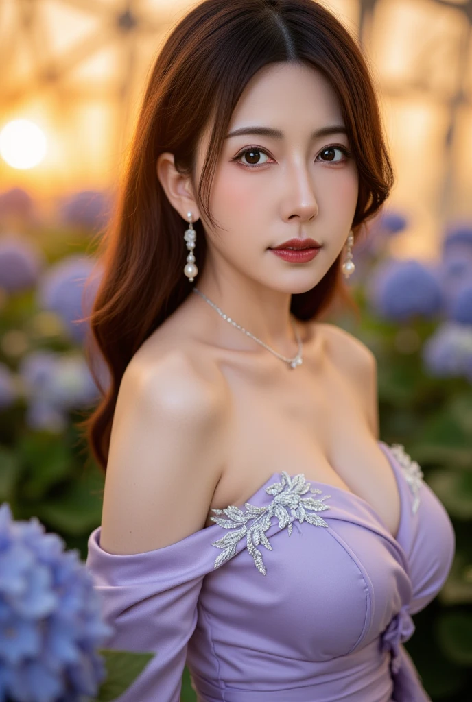 Beautuful Women、(top-quality、in 8K、32K、​masterpiece、nffsw:1.3)、(Photorealsitic:1.4)、realisitic:1.2、Detailed skin、Elegant Pose、Sunglare、lensflare、Detailed shading by sunlight、depth of fields、blurry backround、( Blue off-the-shoulder dress)、Wisteria shelf、Wisteria flowers、ear ornament、lady's、a necklace、(A sexy:1.2)、breastsout、