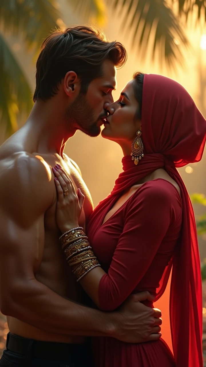 Big breasts wearing black hijab saffron saree , muscular Hindu pandit, kissing in the water