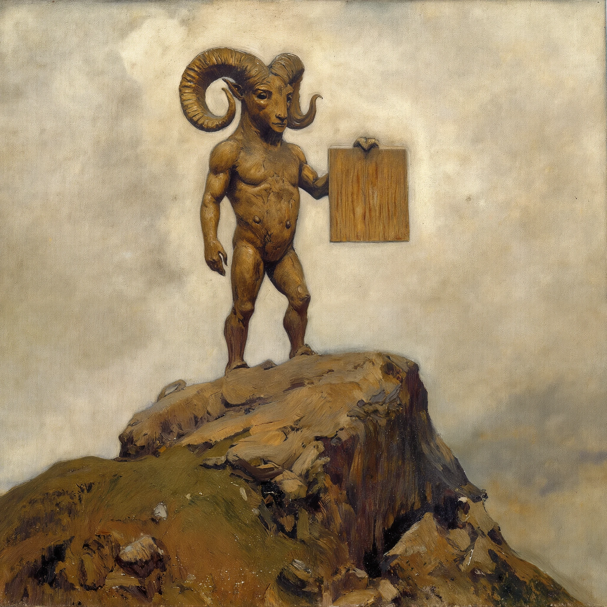 An imposing statue of a demonic ram, carved from wood with intricate details of natural grain and cracks that convey a sense of age. The figure, representing the devil, stands upright in a fully anthropomorphic form, with a humanoid body and ram-like features, including twisted horns. The statue is positioned atop a steep hill, making the mountain the central focus of the scene, with the towering peak dominating the composition. In its raised left hand, it holds an empty plaque, as if awaiting the engraving of the symbol of π, giving it an ominous, unfinished quality. The scene is viewed from a distant perspective, emphasizing the vastness of the hill and the grandeur of the statue, while a foggy atmosphere envelops the scene, adding a mystical and eerie aura. The painting style is Renaissance oil, with dramatic lighting and warm colors that highlight the depth of the details and the enigmatic atmosphere of the landscape.