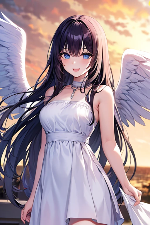 Cowboy Shot, (Black wings:1.2), Very long hair, Side Ponytail, choker, Holding, Off the shoulder, (White Dress:1.3), White jacket,Hello,