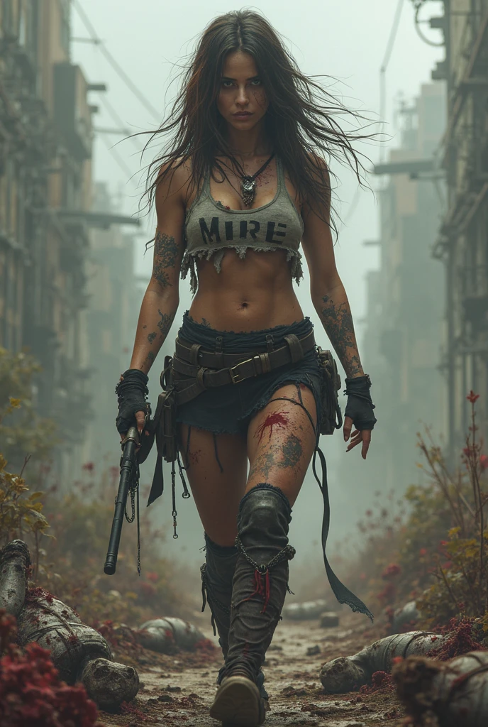 movie scene, a masterpiece (((an apocalyptic girl with backpack on her back))), slender body with large breasts, breasts down, firm breasts, (walking in a destroyed city behind), full body, Kim Jung gi, freedom, soul, digital illustration, sci-fi, perfect anatomy whole body, centered, approaching perfection, dynamic, highly detailed, watercolor painting, art station, conceptual art, smooth, sharp focus, illustration, art by Carne Griffiths and Wadim Kashin, unique, award-winning, masterpiece