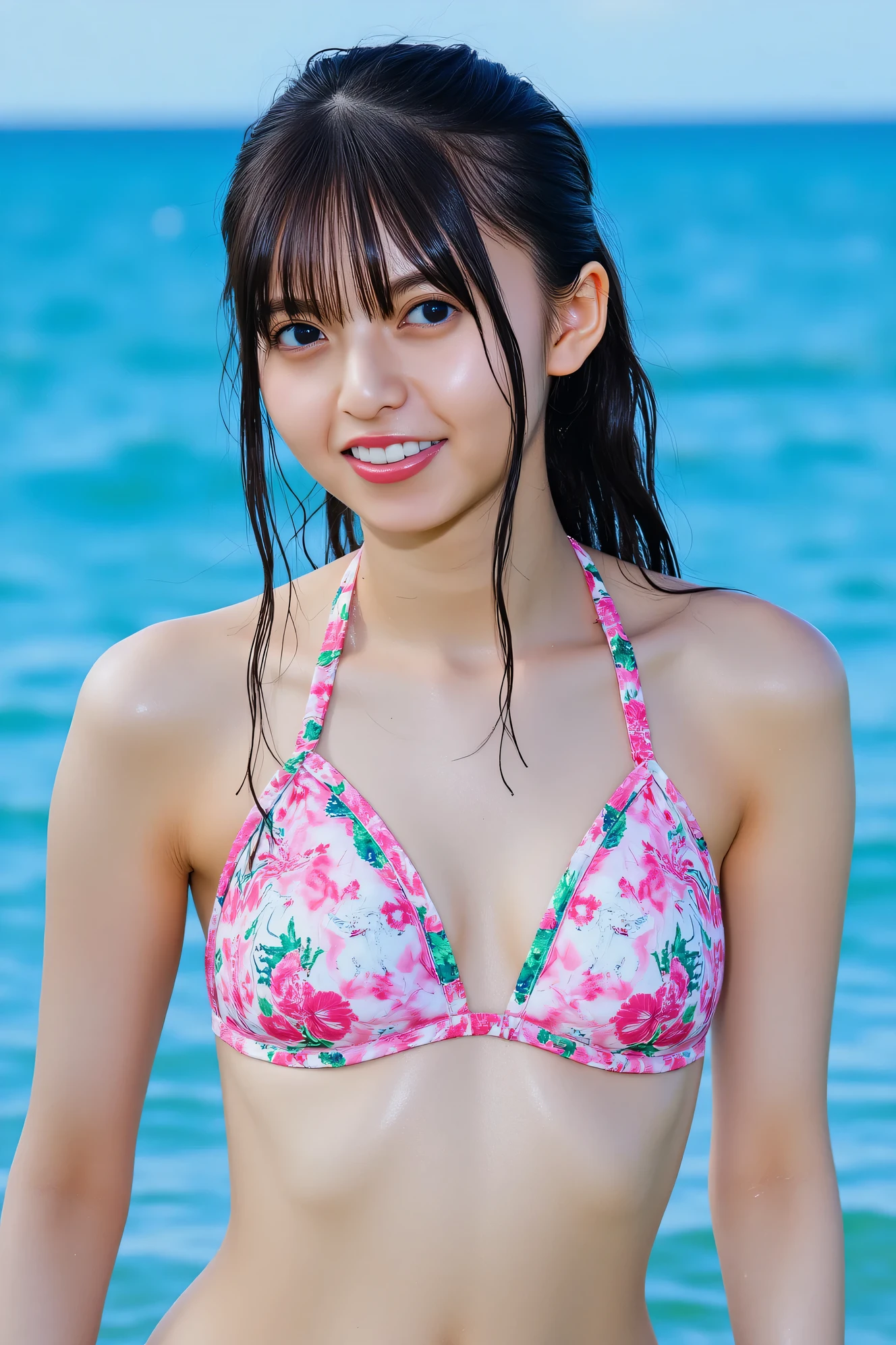 hanekawatsubasa, hanekawa tsubasa,(smile),(with sparkling eyes and a contagious smile),her pink panty pulled by self,a 17 years old, long hair, black hair, hair ornament, (brown eyes:1.1), braid, hairclip, twin braids, glasses, pink bikini, outdoors, beach, looking at viewer, (masterpiece:1.2), best quality, high resolution, unity 8k wallpaper, (illustration:0.8), (beautiful detailed eyes:1.2), extremely detailed face, perfect lighting, extremely detailed CG, (perfect hands, perfect anatomy),