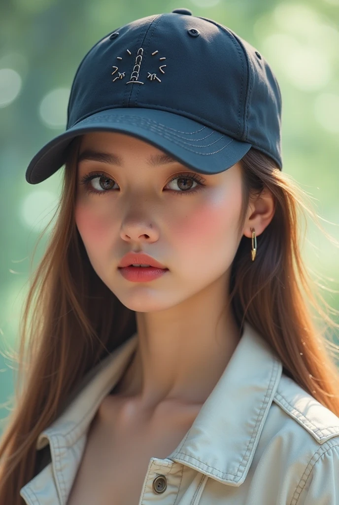 masterpiece, highest quality, Raw foto, photorealistic, smile, beautiful girl, cute, Hair up, Depth of the bounds written, High resolution, Super detailed, details, highly detailed eyes and face, mesmerizing black eyes, Realistic pupils, sharp focus, Cinematic lighting, upper part of the body, face on camera, topless, big breast, wearing baseball hat backwards, plumpy