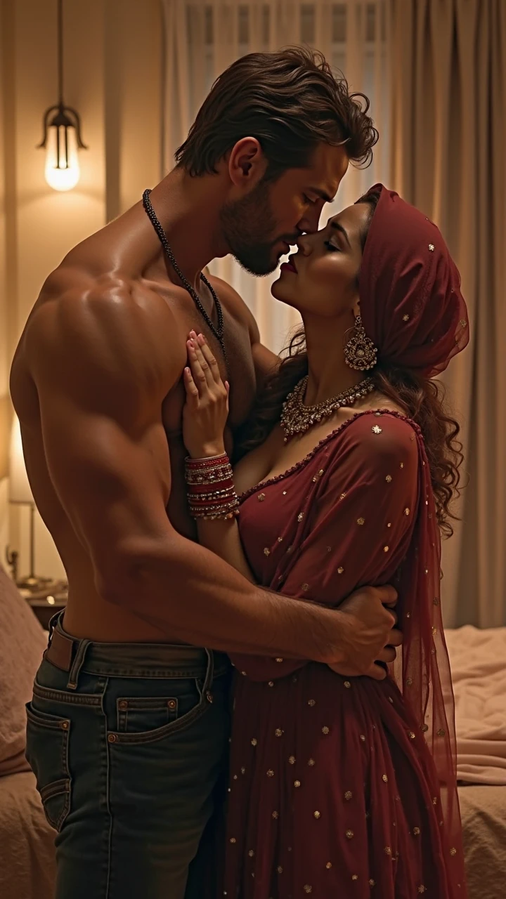 Girl, curvy hourglass body, wearing black hijab tube top, muscular Hindu pandit, kissing in bathtub, in the wall is written jai shree ram.