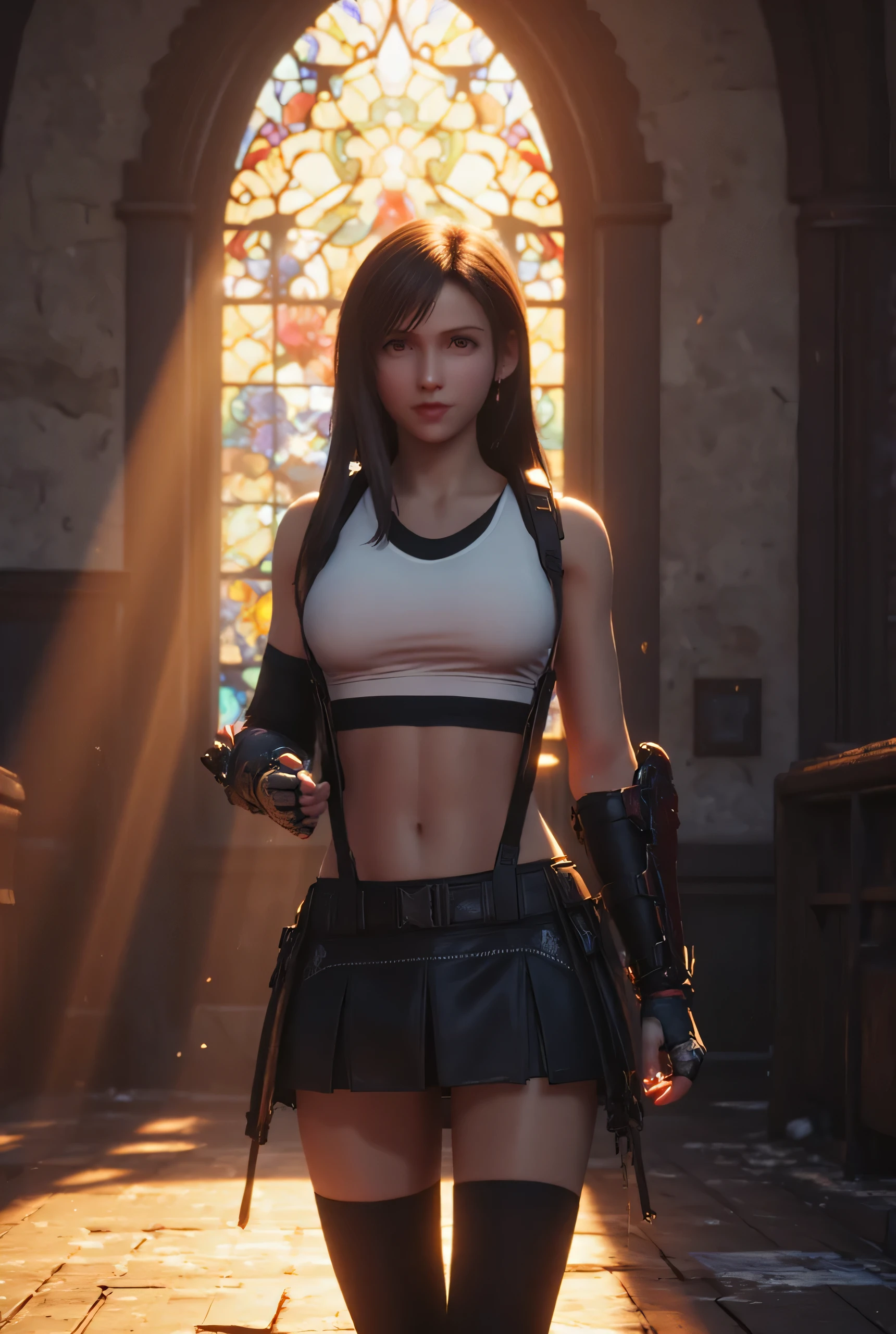 Create a hyper-realistic, highly detailed, best quality, HDR, cinematic 64K image of a fierce and agile tifa lockheart with long, dark hair and athletic physique, wearing a sleek white cropped tanktop, black short skirt, fingerless combat gloves. She stands in a ruined church with stained glass windows casting colorful light onto the worn wooden floors. Dust particles float in the air as beams of soft golden light filter through the shattered glass, illuminating her determined expression. She is posed in a ready-to-fight stance, muscles tense, fists clenched, exuding confidence and strength. Behind her, floral design is embedded in the glass, adding a mystical atmosphere. The scene is cinematic and dramatic, capturing the essence of a warrior prepared for battle.