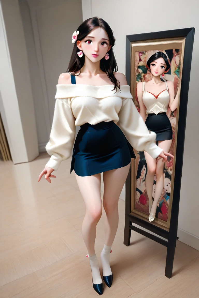 (Face Focus:1.2).1girll.(view the viewer:1.4). NSFW.bob cuts. (skinny:1.7). (Slim legs:1.7) .Sweaters. (short santa skirt:1.2).(Big breasts:1.4). Black hair.(leggy:1.7).