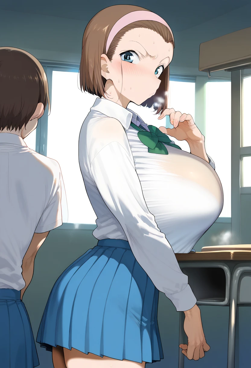 (Middle-aged man groping breasts)、nsfw,One Woman、、Primary school students、Completely naked、(Beautiful nipples)、((Small Breasts)),Highest quality、Very delicate and beautiful、((Very short bangs))、((Bangs))、Light shiny brown hair、The hair is light、((Short Bob))、Cute face、Young face、Cute like an idol、Yellow Eyes、Are thin、Slim figure、Short、(Child body type)、((Lots of sweat))、Embarrassed face、Open Mouth、Troubled face、Red face、(School classroom)、Shooting from the side、Middle-aged man groping breasts、