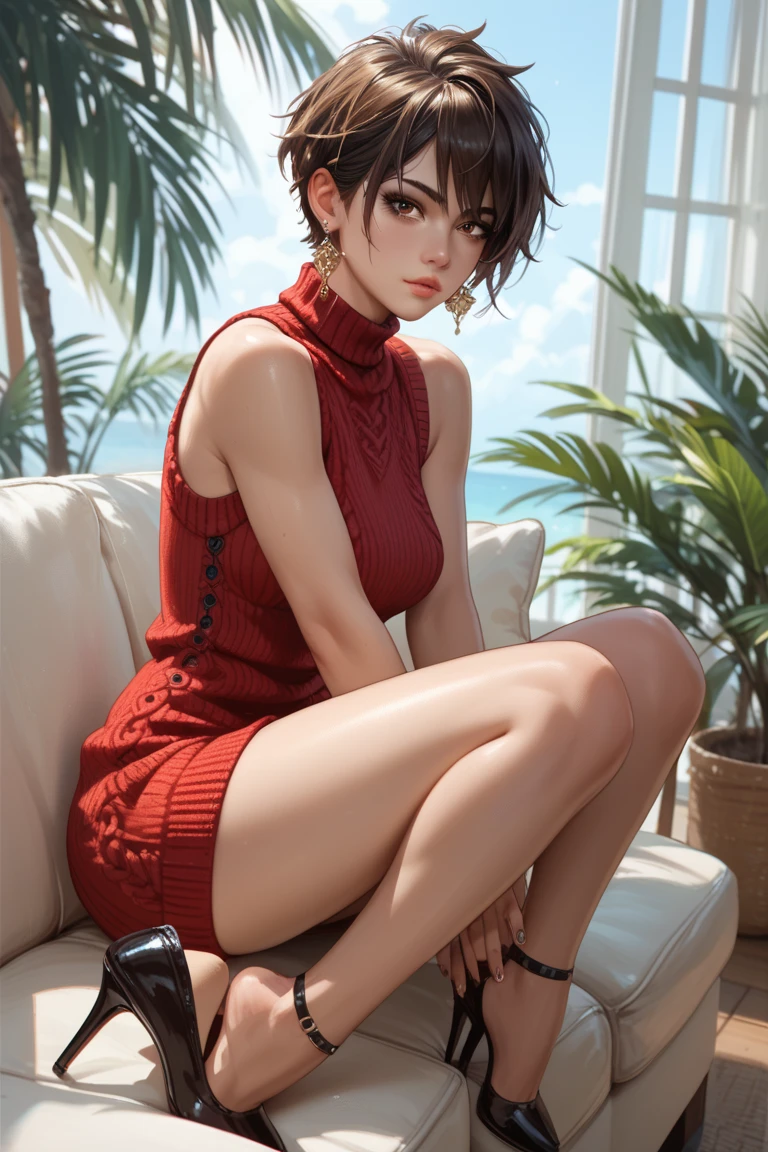 Wearing a red slip dress, holding a glass of wine, sitting at home,