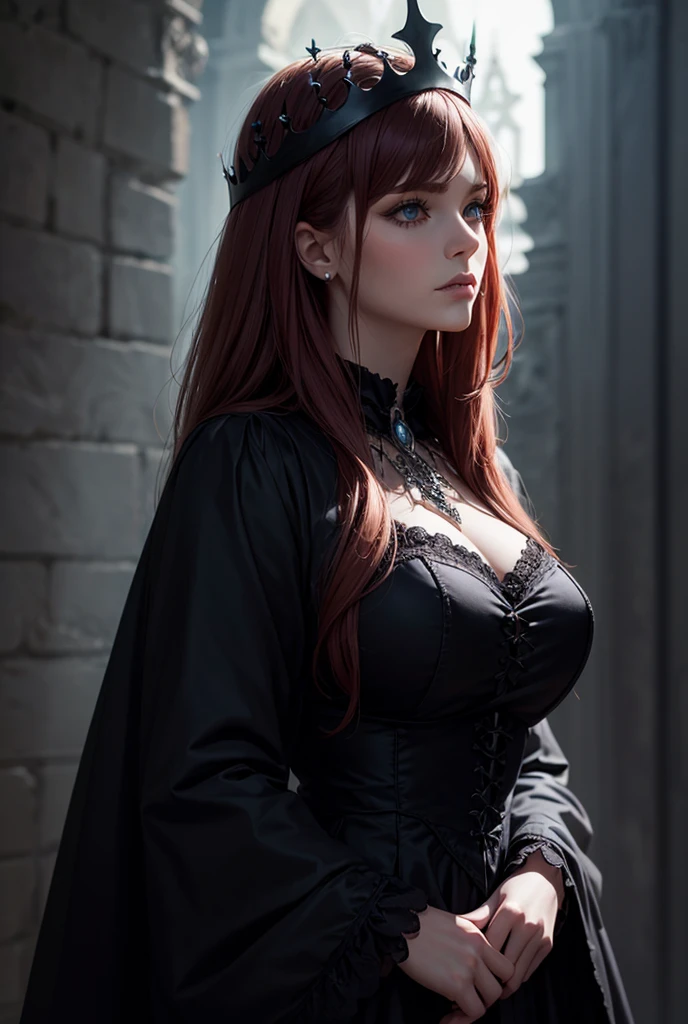 Alexandra Daddario, She breast size is M cup, full body, she very sexy, she have perfect body, she so beautifully,She have good eyes,She is full of charm,close up,She's got red hair.,She dresses in a Gothic Lolita style. ,She is in a Gothic style castle.