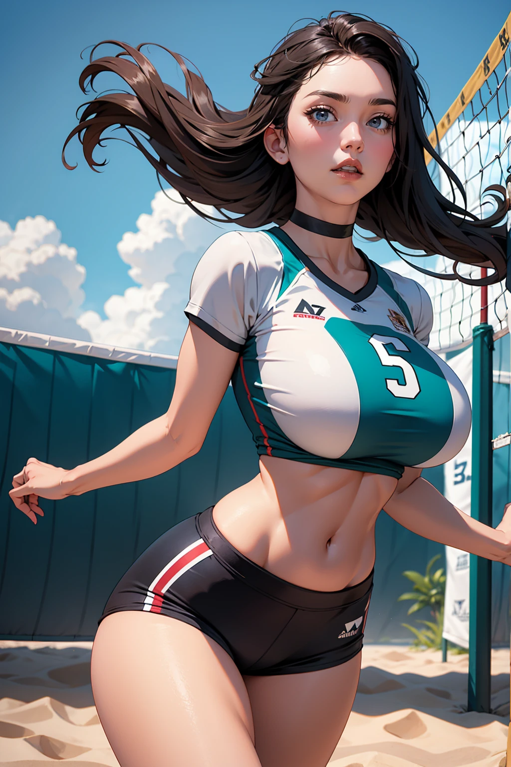 Women's beach volleyball team, big breasts, photography, ultra realistic,