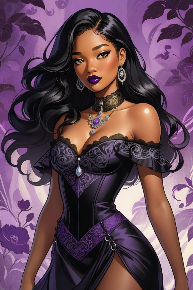 (graphic novel style, dark novel style, comic style, 2d:1.5), (hyperrealism, masterpiece:1.4), (colourful, soft cinematic light:1.1), incredibly lifelike, Extremely high-resolution details, 8k, best quality,extremely detailed, colorful, (open mouth), Low Angle View, circus tent, Gypsy with a glass ball for fortune telling in which spirits are seen sits by the table, black long Waves hair, White Sclera Eye, Fleshy nose, Thin nude Lips, dark makeup,(jewelry), ((tiara)), ((dark violet hood)), wearing intricate violet clothes, shawl, dark skin, mole under eye, gypsy dress, dark atmosphere, deep shadow, shadow, scream, (glass ball), furnishings of a magic tent for fortune telling,