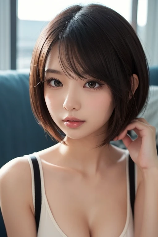 8K, high definition, live action, black tops, brown hair, short hair, beautiful girls, beautiful Japanese girls, young cute idols, Japanese models, fine faces, fascinating cleavage,