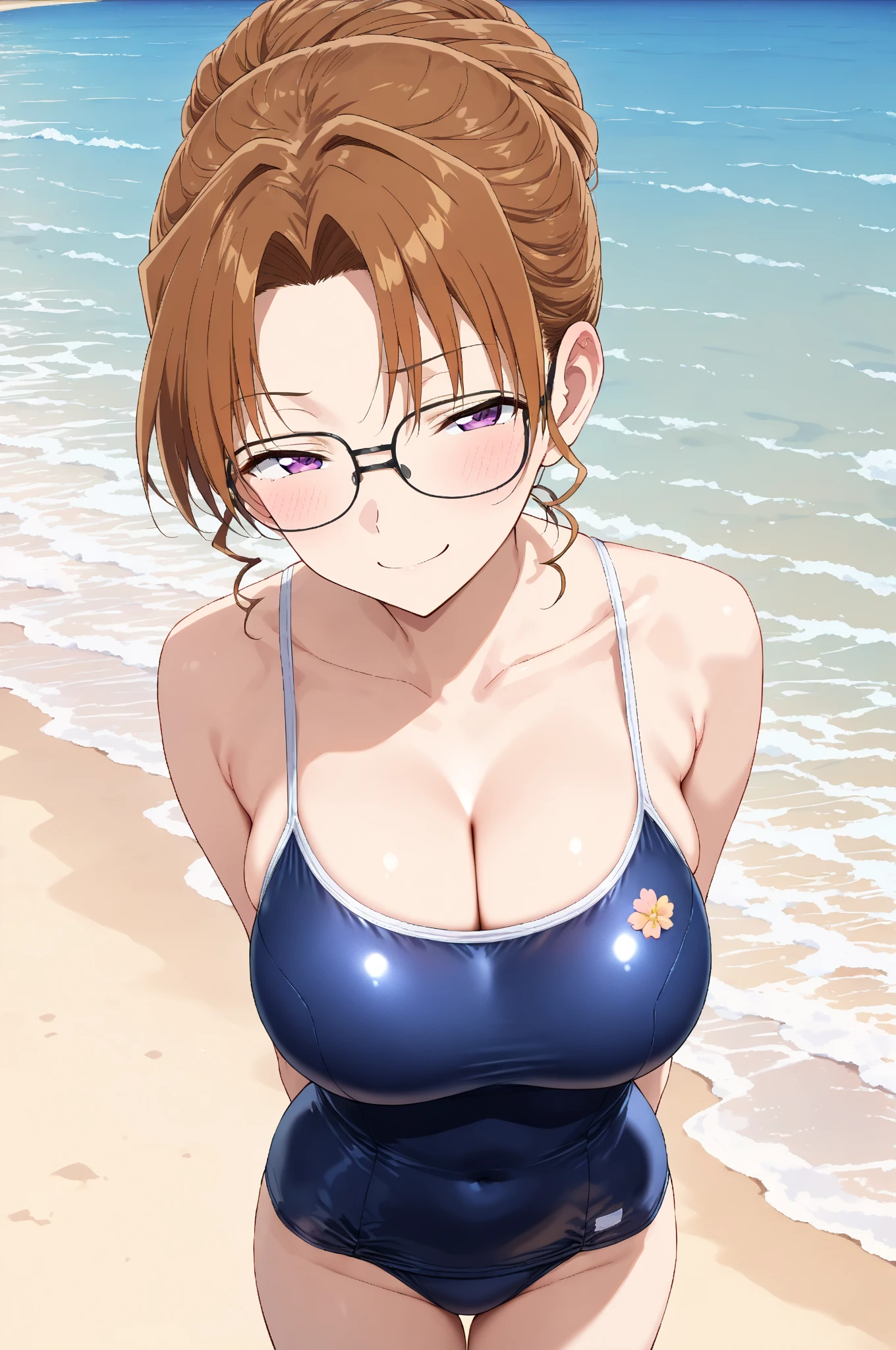 (Best quality:1.3),(Akiyama Kaede from Kengan Asura), big breasts, fully nude, red glasses, smiling, beach background, (close-up), orange sky