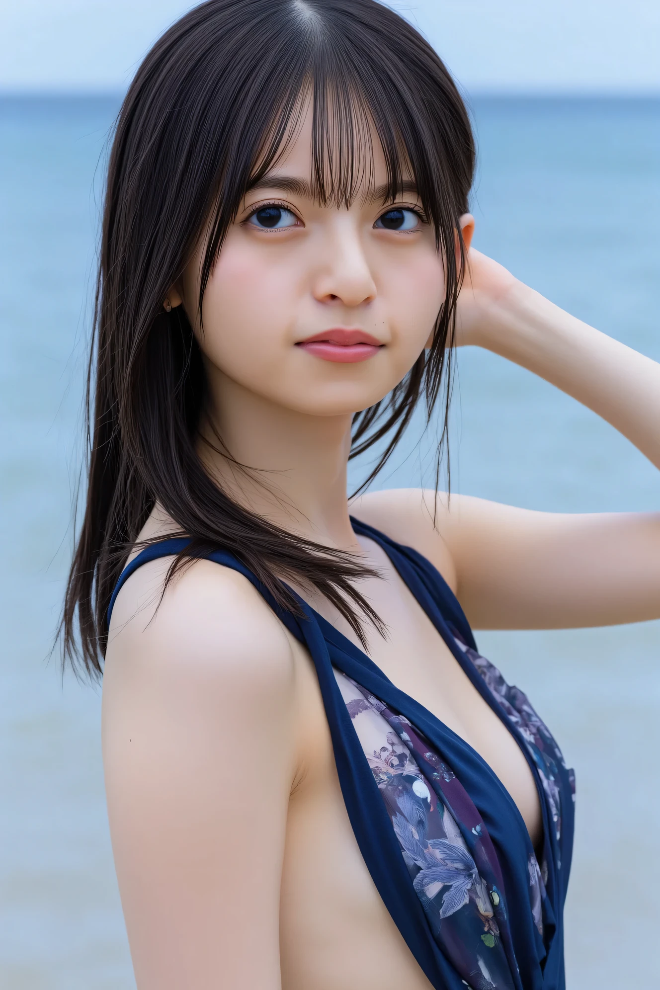 (Looking Down from Above:1.8), (upturned eyes :1.5）Top quality, 1 beautiful woman, super short Hair, shy-smile, Sunlight, at beach