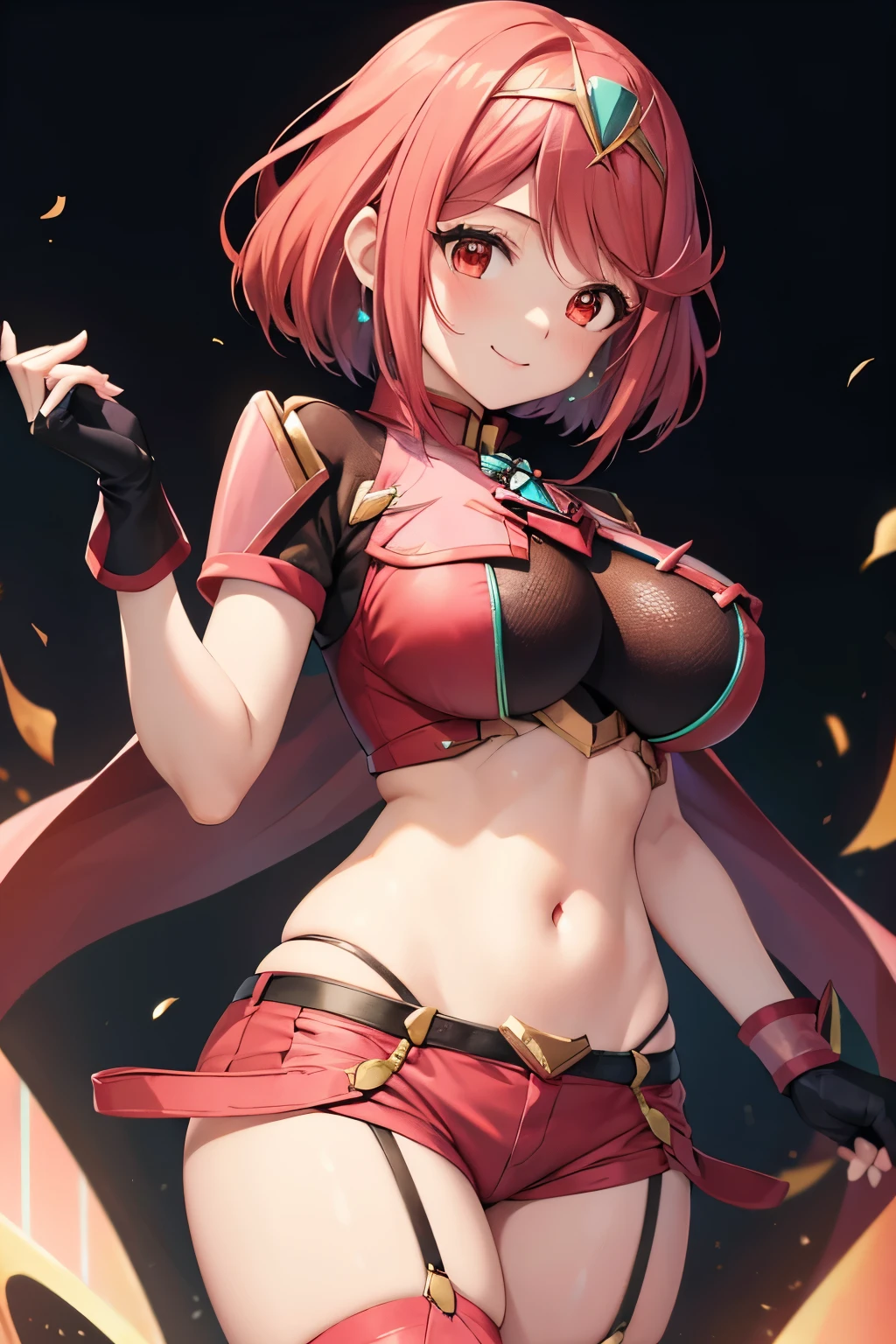 (8k, raw photo, masterpiece, extremely detailed, best quality, professional lighting, high res), BREAK beautiful and adorable girl, pyradef, tiara, earrings, chest jewel, impossible clothes, fingerless gloves, red shorts, thighhighs, BREAK smile, she is looking down the viewer