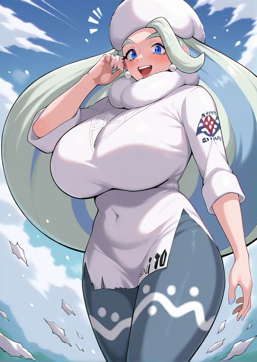 highest quality、masterpiece、High resolution、Pokémon、melon、Features voluminous silver hair with light blue mesh。 A uniform with a white-based design, typical of a snowy region, with a white collar and hat.、wearing earrings。 Kirks Town Gym Leader、User of ice type Pokemon。The Ice、spartan guidance、「fecundity」、When releasing Kyodai Max(Among the gym leaders)Only she has a heart effect added.。long hair、blue eyes、big breasts、Stimulation、(Plump、Plump:1.3)、white cast、Fur hatature woman、wide hips、round face、big butt、big butt、thighs、pantyhose、long hair、white footwear、white hat、Fur hat、mature woman, (see-through panties), nsfw