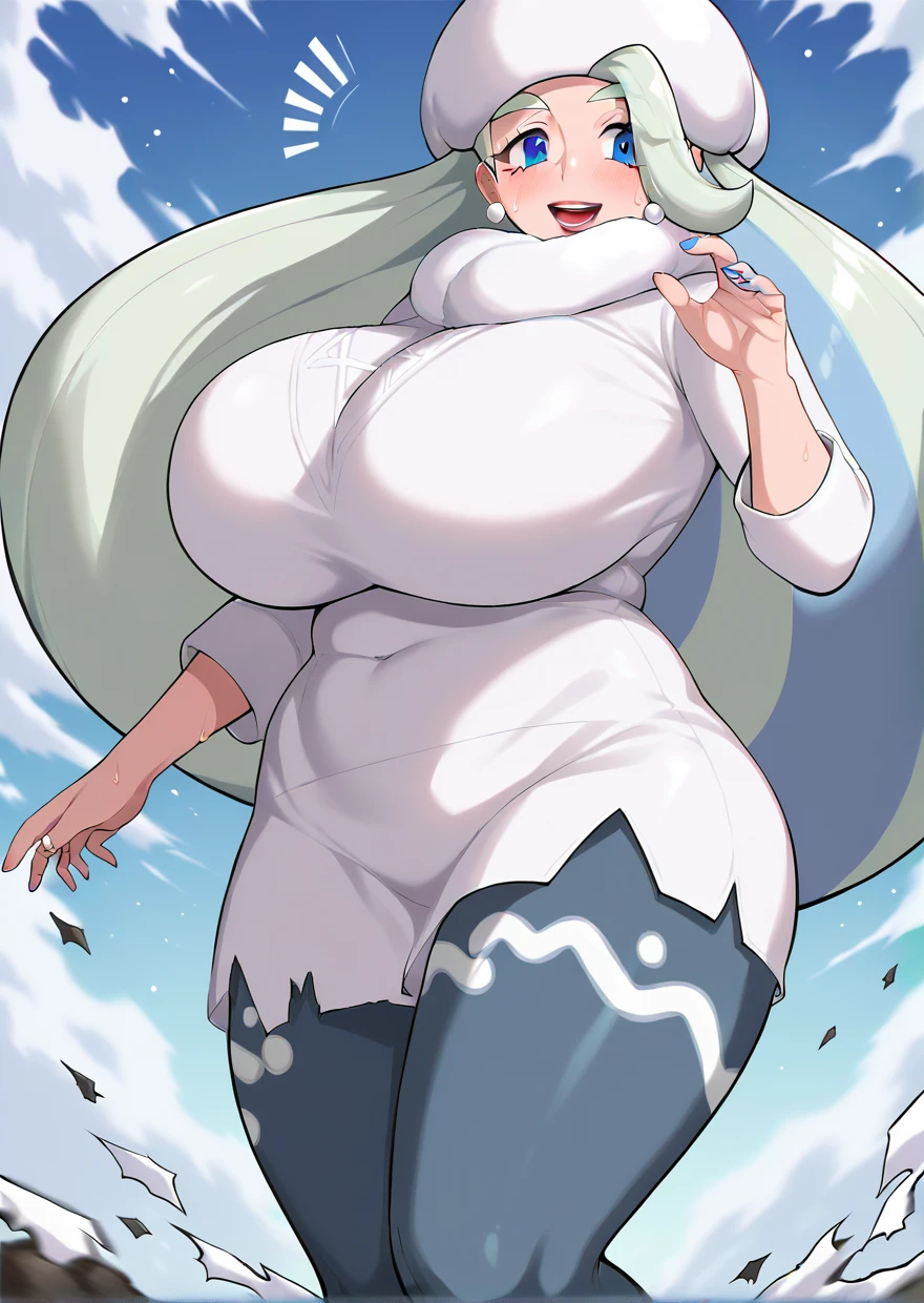 nsfw, masterpiece, Highest quality, Very detailed, Melony(Pokemon), Mature Woman, Platinum Blonde, blue eyes, Fur hat, Long Hair, White headwear, Perfect Face, Perfect hands, Perfect Fingers, hanging breasts, Very beautiful long legs, Thick thighs, pantyhose, Puffy nipples, Pussy juice, Sexual Ecstasy, trembling, foot focus, squatting, arms behind head, Black areola, Armpit Hair,