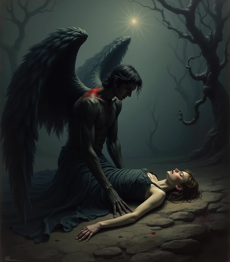 Young thin man with long black hair dead, with fatal skin wounds, blood and something burned on the ground of a forest. A big tap, With her wings drooping, she sadly rests her head on the dead man. Lugrube stage