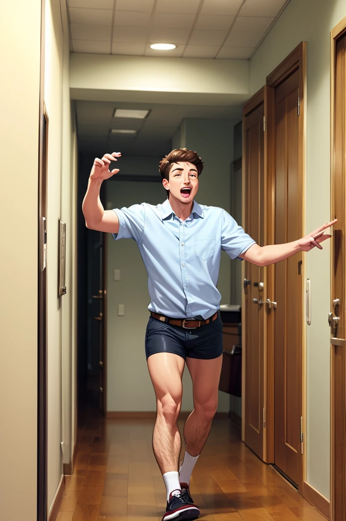 masterpiece, best quality, solo, 1boy, 21yo Althletic twunk, (short hair crewcut hair dark blonde:1.2), shirtless, Spiderman patterned boxer shorts designed by (Calvin Klein), realistic, dramatic lighting, atmospheric, intricate detail, laughing, in locker room,