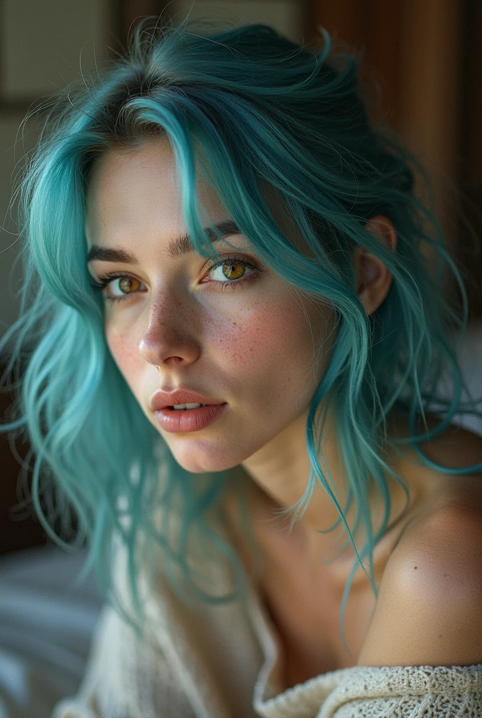 (Best quality), ((artistic realization)), (ultra detailed), Woman 20 Years Old Nordic Ethnicity, Short blue hair with a perfect face and light freckles, Blue-Green Eyes (makeup) , a slim body, (narrow hips). (She is lying on her back, coffee around, view from above, close-up), Dark atmosphere of the frame, (ultra detailed), ((photorealistic)), ((Color palette - turquoise, neon green, yellow shades))