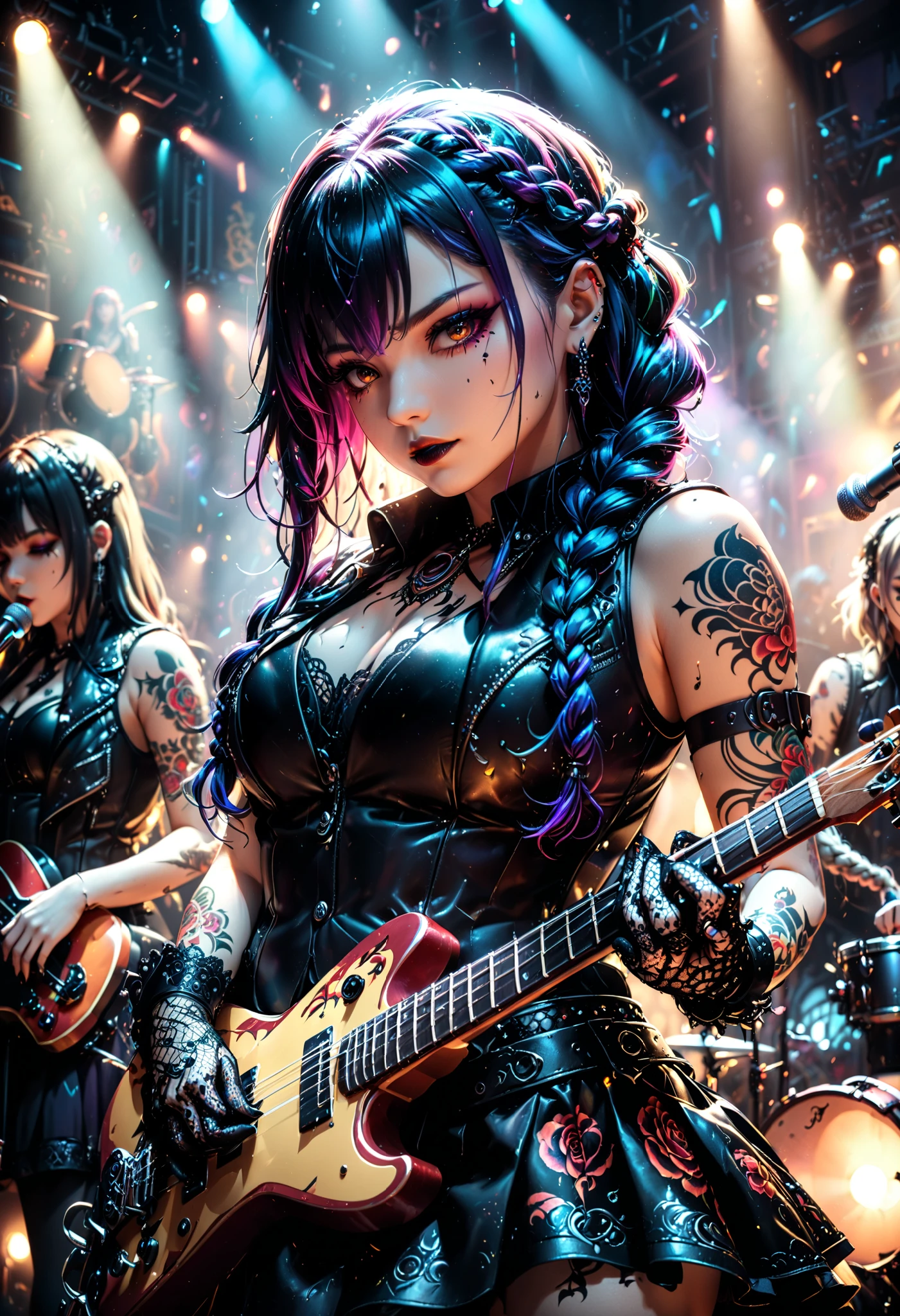 ultra detailed, absolutely resolution, masterpiece, highly detailed, sharp focus, vivid colors, soft lighting, cinematic composition, a mysterious and beautiful live performance by a ladies band, half-up braided hairstyles, wearing black gothic leather vests and skirts, lace gloves, covered in tattoos, musical instrument, heavy live performance