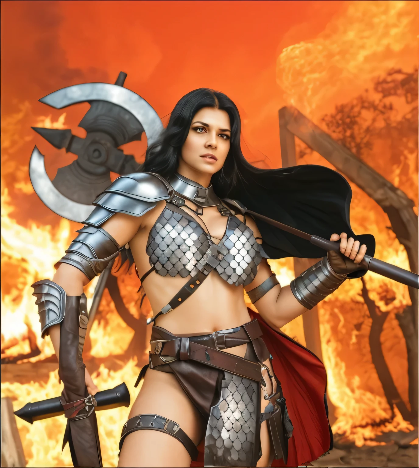 femalefigurine,(masterpiece:1.2), (best quality:1.2), perfect eyes, perfect face, fire and ice, 1girl, mature female wielding a (axe:1.2), long black hair, thick braids, red eyes, barbarian_woman, scars, markings, armor, fur, thighhighs, skindentation, muscular, toned, abs, fantasy, detailed outdoor background, anger, fury, mad, destruction, thunder, thunder storm, dramatic lighting, ((looking at viewer)) <lora:femaleFigurines_v1:1>