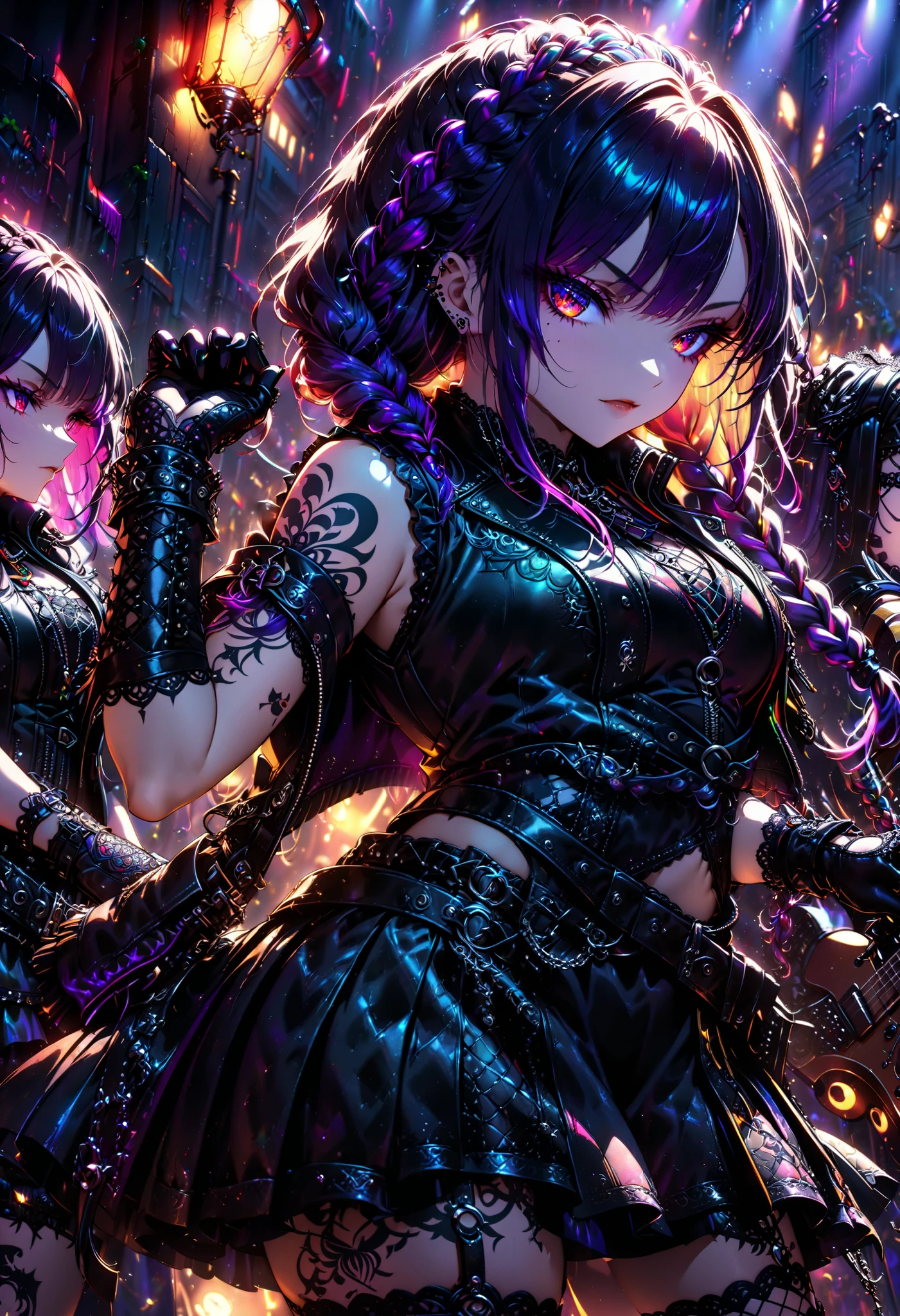 ultra detailed, absolutely resolution, masterpiece, highly detailed, sharp focus, vivid colors, soft lighting, cinematic composition, a mysterious and beautiful live performance by a ladies band, half-up braided hairstyles, wearing black gothic leather vests and skirts, lace gloves, covered in tattoos, musical instrument, heavy live performance