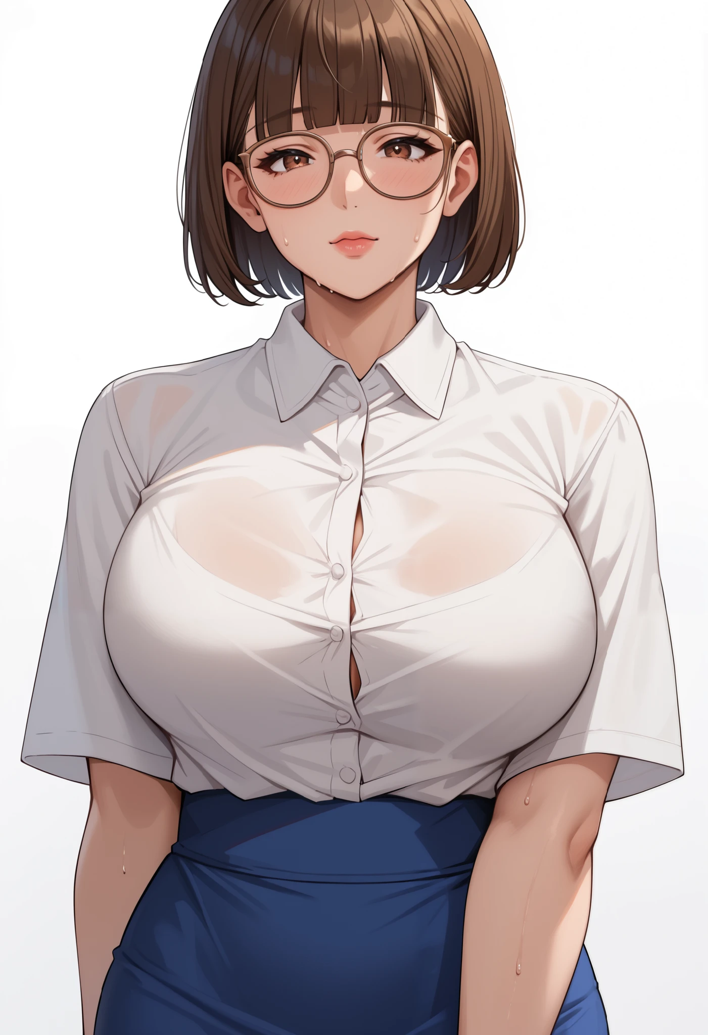 By bebebebebe, by chelodoy, by goonie-san, solo, standing, female, feline, cat, white fur with grey splotches, short straight hair, dark brown hair, ((snout, hair)), ((detailed eyes)), (dark brown eyes), big breasts, looking at viewer, green button up shirt, khaki pants, hands behind back, facing viewer