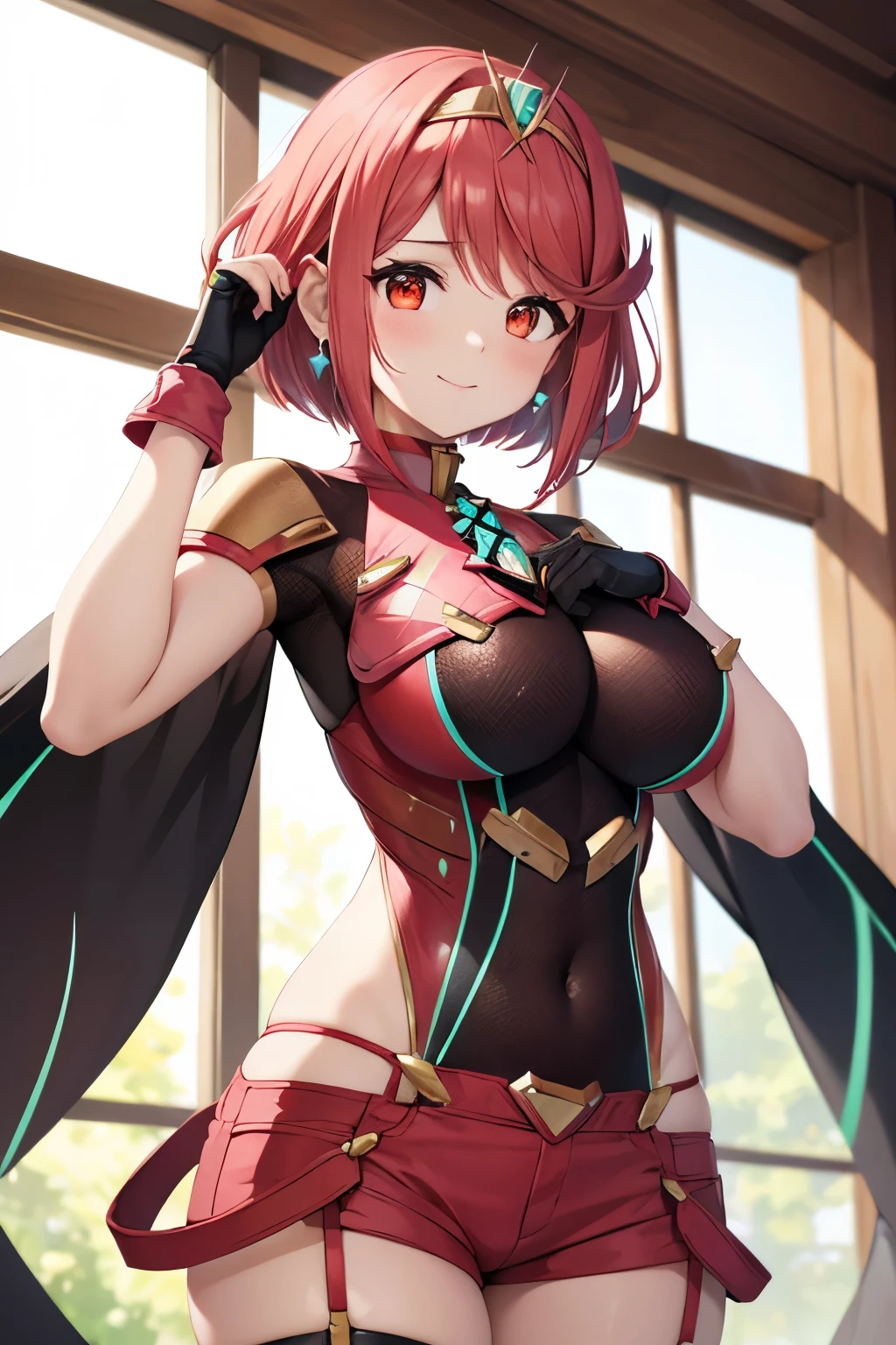 (8k, raw photo, masterpiece, extremely detailed, best quality, professional lighting, high res), BREAK beautiful and adorable girl, pyradef, tiara, earrings, chest jewel, impossible clothes, fingerless gloves, red shorts, thighhighs, BREAK smile, she is looking down the viewer