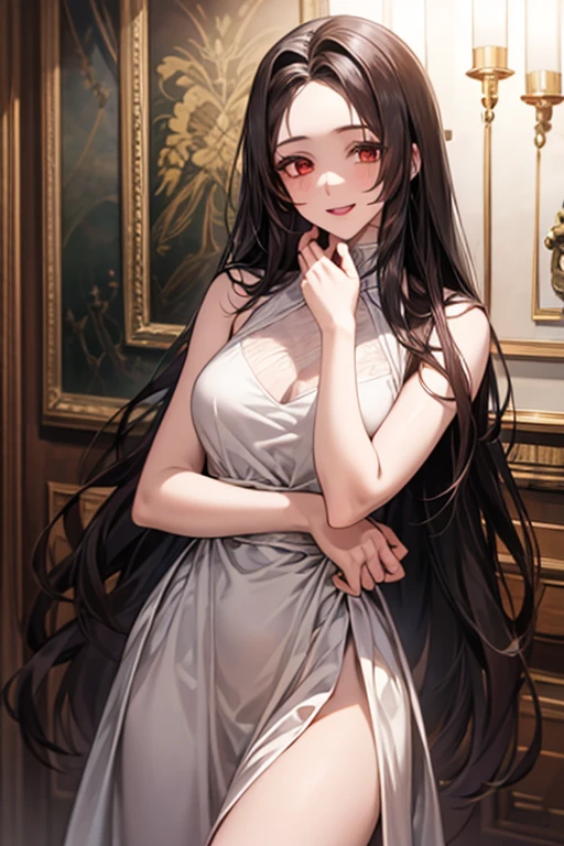 Detailed facial details,16 years old,1 girl,Slim,Red lips,Cat ear,Black long hair,Large Breasts,Wearing a wedding dress,Charming red eye,Handcuffs,Collar,Radiant Skin,hotel,seaside