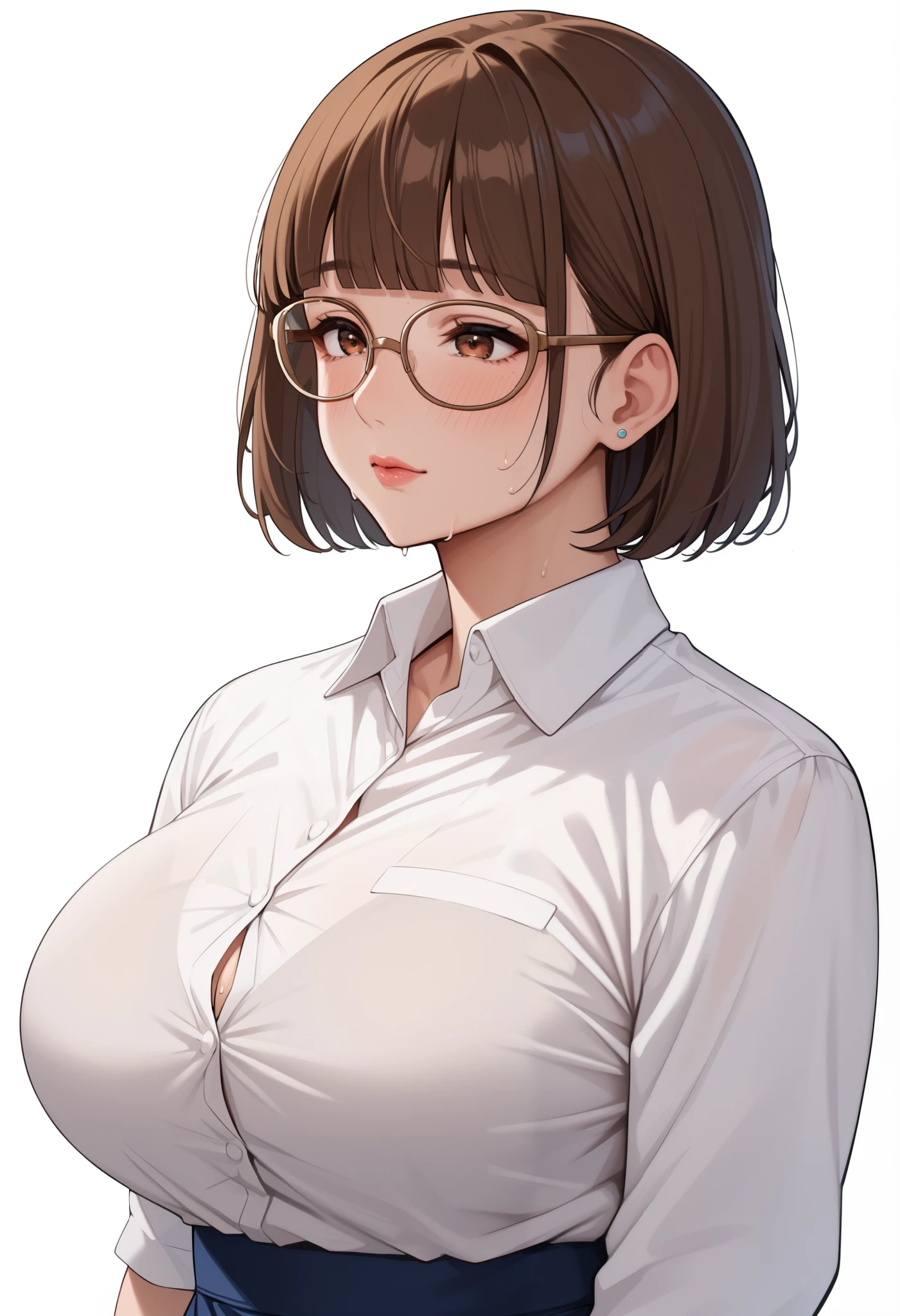 score_9, score_8_ up, score_7, ((White background)) ((Japan girl)) ((1girl)) Source_Anime, rathing_questionable , 最 Details, high res, 8k, 超 high res , soft saturation, perfect contrast , perfect lighting, Anatomically Accurate , Sensual Woman , mature woman, Mature Woman, maternal, short hair, (short Brown Hair), blunt bangs, Brown eyes, wooden frame glasses , Curvy, (white shirt) good, sweat , ((:0.9)) ((thin:1.2)) ((fullbody:1.4)) Blue A-line skirt