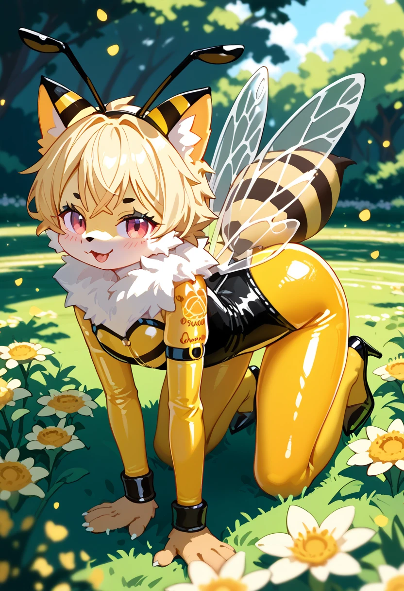 Highest quality, Highest quality, High quality illustrations, masterpiece, Ultra-high resolution, Detailed Background, club, Disco, Absurd, Perfect Anatomy, performance, Good lighting, Shadows in the movies(kemono, Furry Personifi猫ion), bee, Rubber Suit, Honey Latex, bee蜜のローション, neon, neonカラー, cyber punk, 蜜beeの衣装, 蜜beeコスプレ, ラバーの蜜beeの尻尾, Bee Wings, enamel, bee蜜のプール, bee蜜のローションを浴びている, bee蜜のスライムを纏っている, Kneeling, Tattoo, High heels, Dynamic Angle