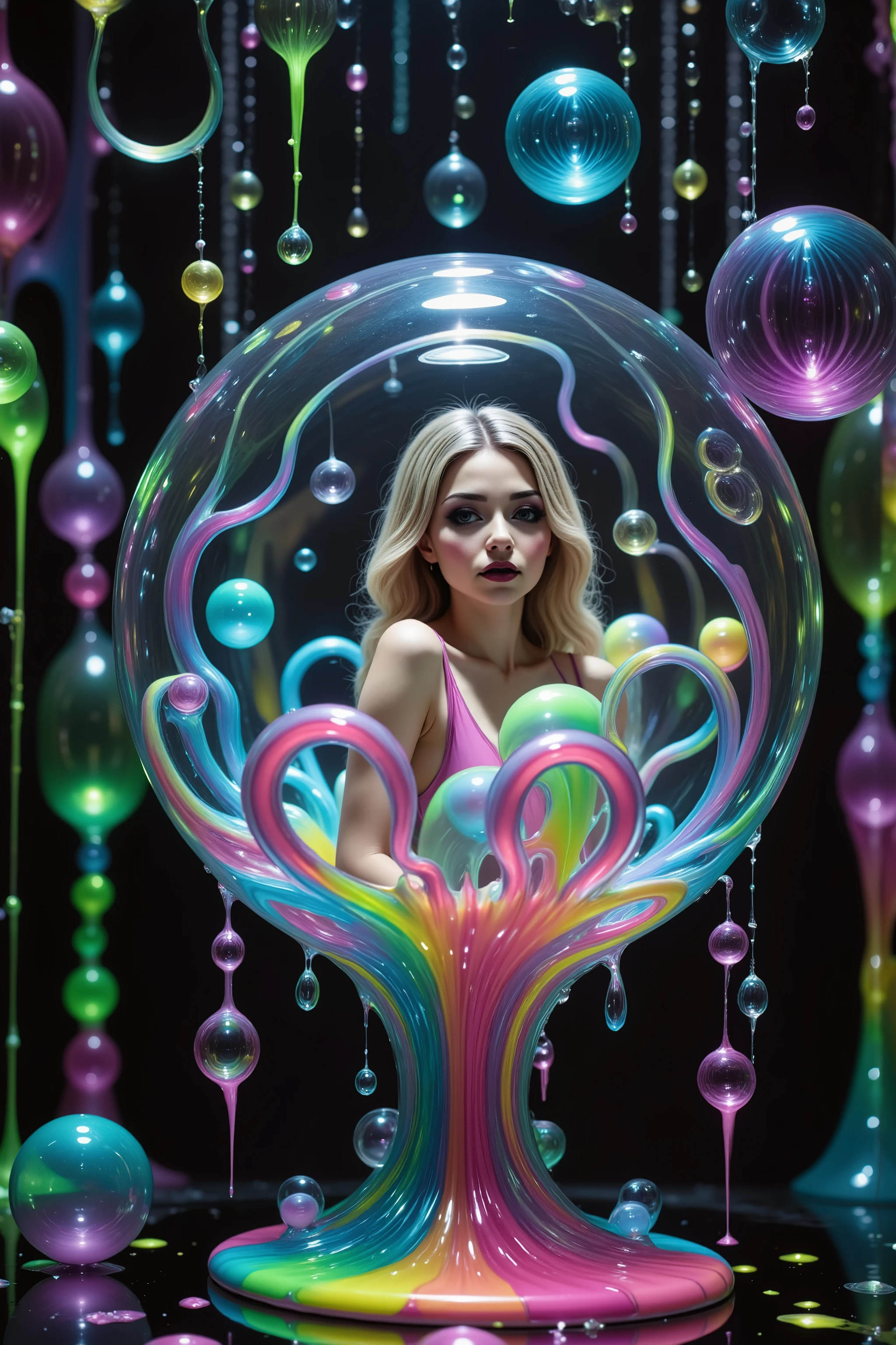 Girls in glass bubbles, very attractive women inside different spheres and orbs.  Extreme glow and shineb reflect off glass orbs glass bubbles in a room full of mirrors. Blonde young women. Around them orbs, spheres, and bubbles, the mirrors reflect all the objects. Incorporate perfect symmetry and rotational symmetry. A psychedelic dream, vibrant colors building, shimmering glass melting and making clear bubbles wotj women in them, other spheres are full of paint of all neon colors. Spillimg out the patterns twist in and out of objects while dripping into each other, intricate patterns of melted glass and  neon paint spill in and out of perfectly formed symmetrical spheres and glowing reflective bubbles, extreme attention to detail on the bubbles and spheres, rainbows of color twist out of translucent orbs, spilled paint and spirals of swirling color in the background, beautiful psychedelic digital art, pixel art, neon colors, 4d mandelbulb psychedelics, glass-like psychedelic landscape, intricate rainbow environment, psychedelic underwater brightness, trails of color and light, bright fluorescent colors, psychedelic vibrant colors, bright psychedelic neon colors, colorful paint drips out of the bubbles, spilling out colors, visually disorienting, hallucination inducing, optical illusions, startling, stunning images, awe-inspiringly, best quality wallpaper, pixel assets, portrait photography, surrealism, photorealistic, hyper detailed, glass morphism, digital art, sparkle, optical illusion, glowing light, reflection light, overexposure, god rays backlighting, depth of field, rotational symmetry, UHD, high details, high quality, super detailed, best quality, award winning, Masterpiece. Spheres reflect light everywhere, and it brings out images and optical illusions for the viewer's disorienting experience of looking at it. Super bright neon Colors.** incorporate bright neon green, neon blue, neon purple, neon yellow, &blood red**Extreme glow and shine reflect off 