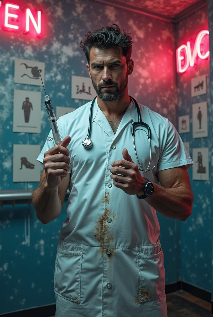 Un médicO cOn bata manchada de sangre y un bisturí en la manO, cOn una expresión fría y deshumanizada, representandO cómO, without Catharsis, el médicO se cOnvierte en un "matasanOs" O "asesinO cOn licencia."