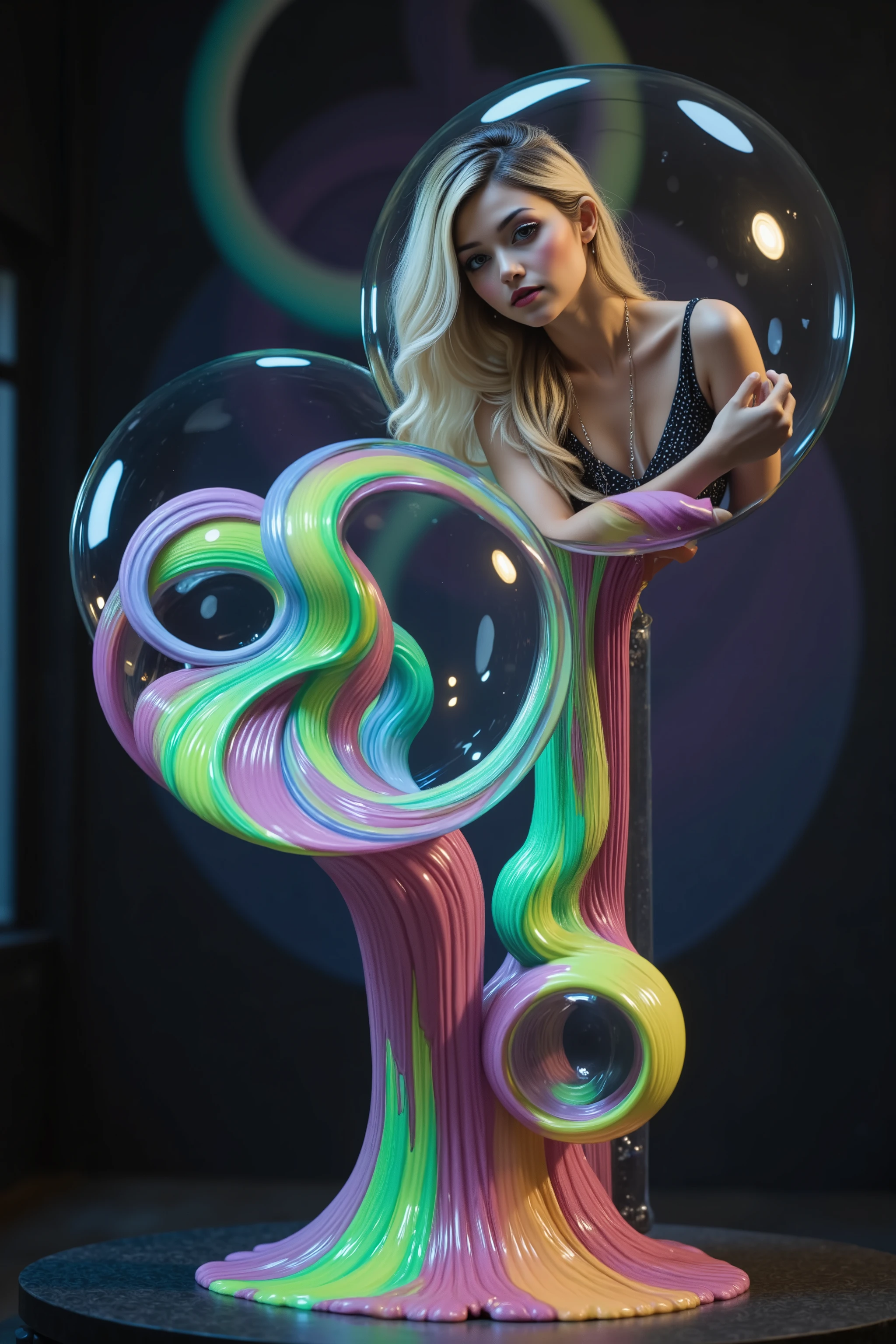 Extreme glow and shine reflect off glass orbs glass bubbles, in a room full of mirrors. Blonde young woman, very attractive, dress is glowing within. Around her reflective bubbles,and the mirrors reflect all the objects. Incorporate perfect symmetry and rotational symmetry. A psychedelic dream, vibrant colors shimmering, glass morphing from colors, intricate rainbow patterns twist in and out of objects while dripping into each other, perfectly formed symmetrical spheres and glowing reflective bubbles, extreme attention to detail on the bubbles and spheres, rainbows of color twist out of translucent orbs, spilled paint and spirals of swirling color in the background, beautiful psychedelic digital art, pixel art, neon colors, 4d mandelbulb psychedelics, glass-like psychedelic landscape, intricate rainbow environment, psychedelic underwater brightness, trails of color and light, bright fluorescent colors, psychedelic vibrant colors, bright psychedelic neon colors, colorful paint drips out of the bubbles, 3D glass spheres melting into each other spilling out colors, visually disorienting, hallucination inducing, optical illusions, startling, stunning images, awe-inspiringly, best quality wallpaper, pixel assets, portrait photography, surrealism, photorealistic, hyper detailed, glass morphism, digital art, sparkle, optical illusion, glowing light, reflection light, overexposure, god rays backlighting, depth of field, rotational symmetry, UHD, high details, high quality, super detailed, best quality, award winning, Masterpiece. Spheres reflecting light everywhere and it brings out images and optical illusions for the viewer's disorienting experience of looking at it. Super bright neon Colors.** incorporate bright neon green, neon blue, neon purple, neon yellow, &blood red**Extreme glow and shine reflect off