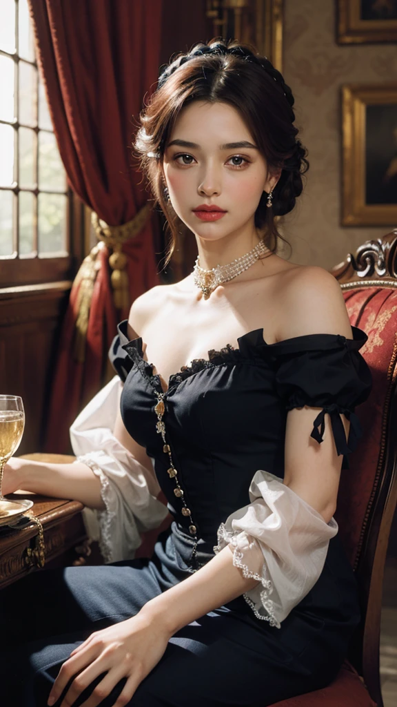 (Realisticity: 1.3), Fine, Quality, Rembrandt Lighting, (Masterpiece: 1.2), (Realisticity: 1.2), (Best Quality), (Skin Detail: 1.3), (Intricate Detail), Dramatic, Ray Tracing, 1girl, Eighteenth Century European Lady Costume, Blonde, 21 years old, huge breasts, open chest, open collar, revealing most breasts, Elizabeth Swan, Pirates of the Caribbean